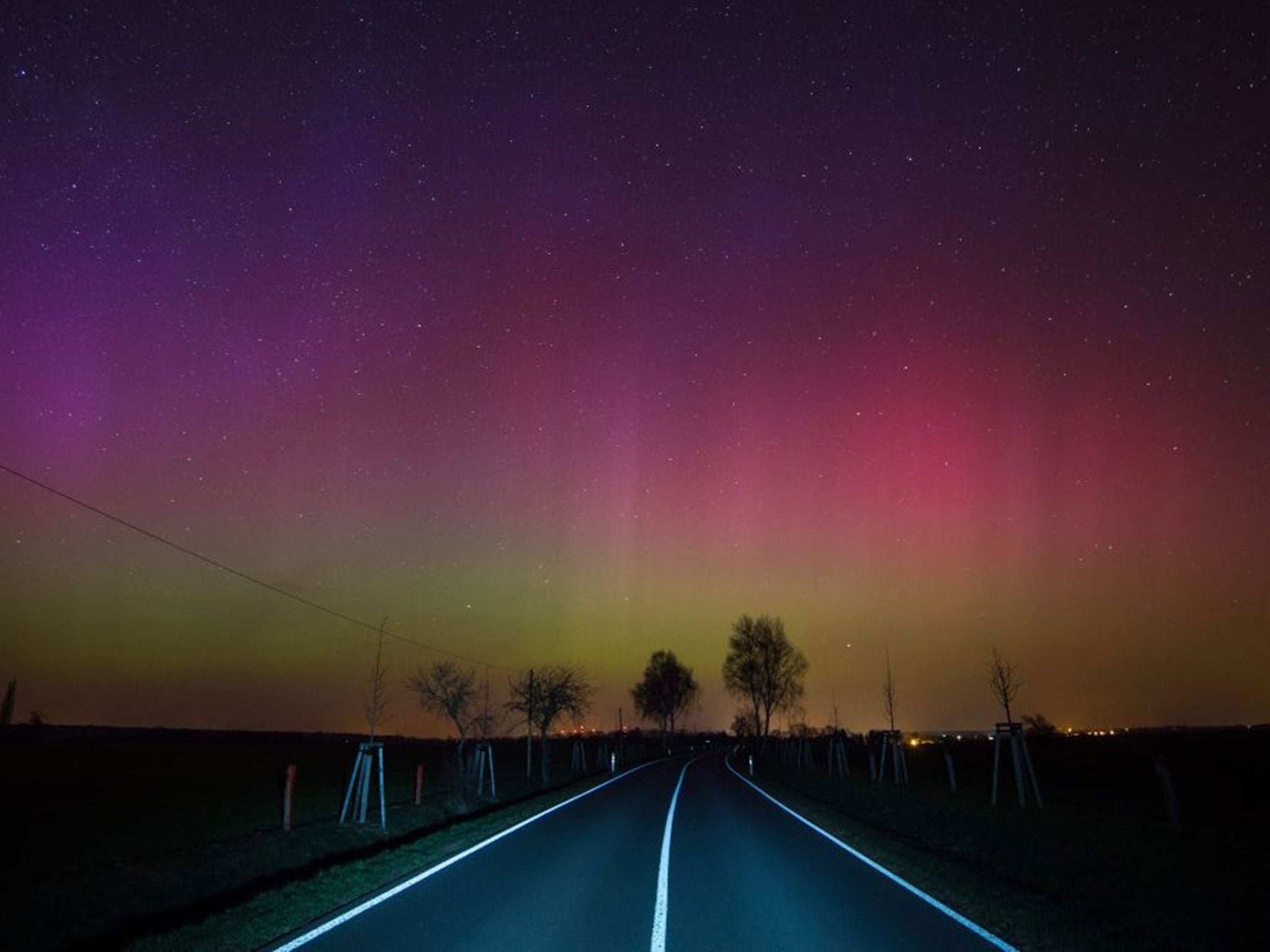 Northern Lights observed in the night sky on a country road near Lietzen in Maerkisch-Oderland, Germany. (Image: EPA/PATRICK PLEUL)