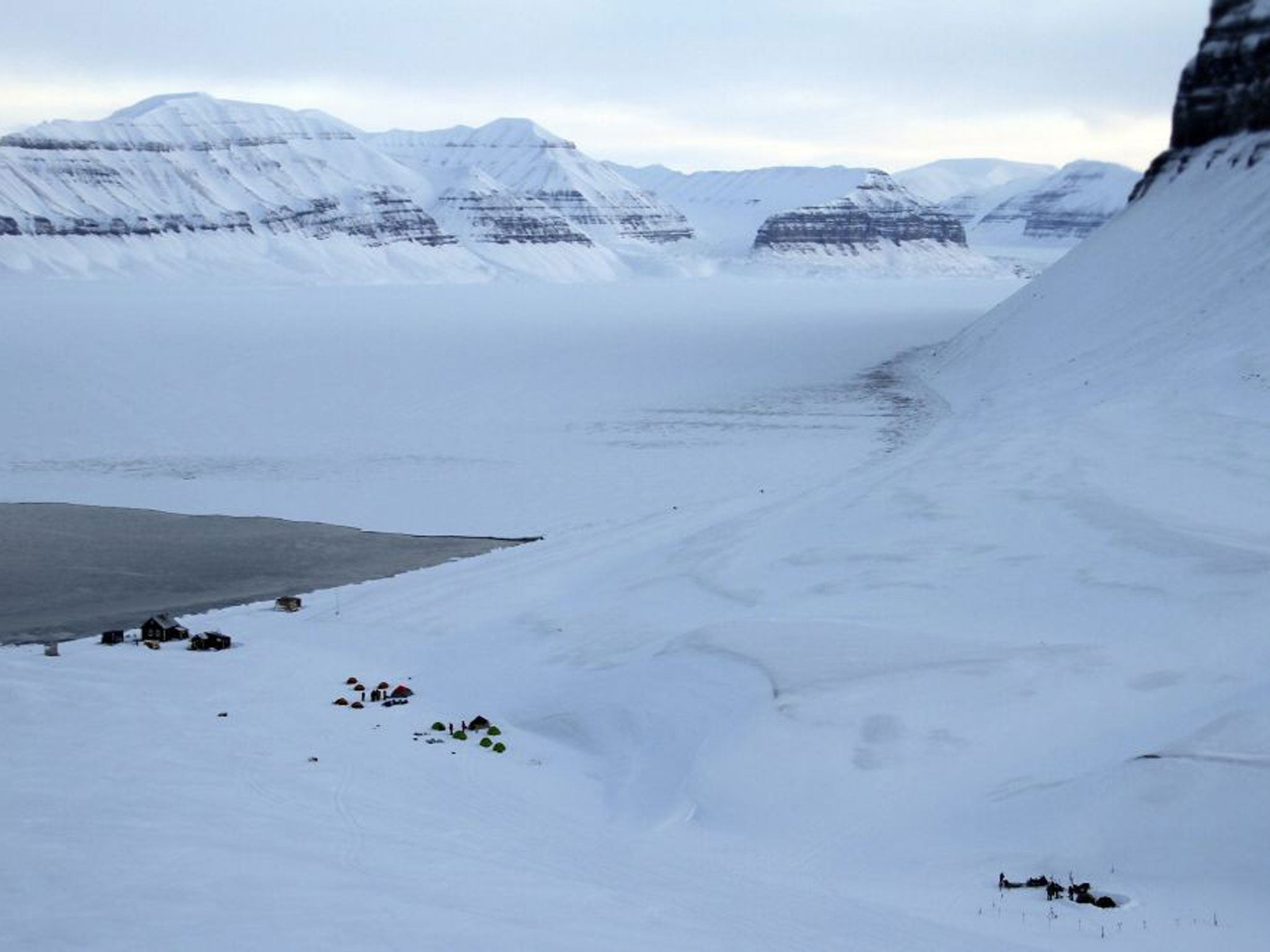 A tourist group's campside in Svalbard where a polar bear attacked a man on 19 March 2015