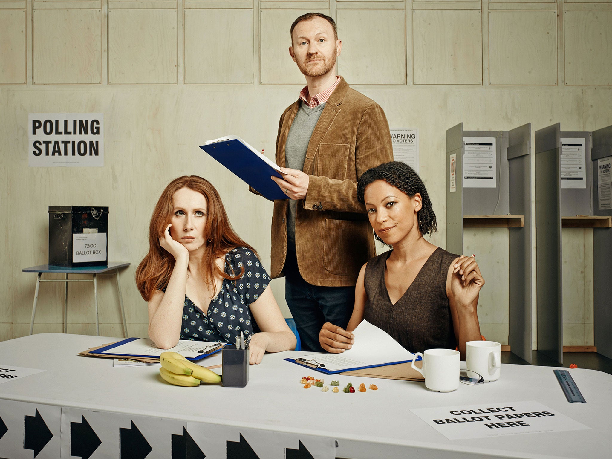 Catherine Tate with Mark Gatiss and Nina Sosanya in new play The Vote