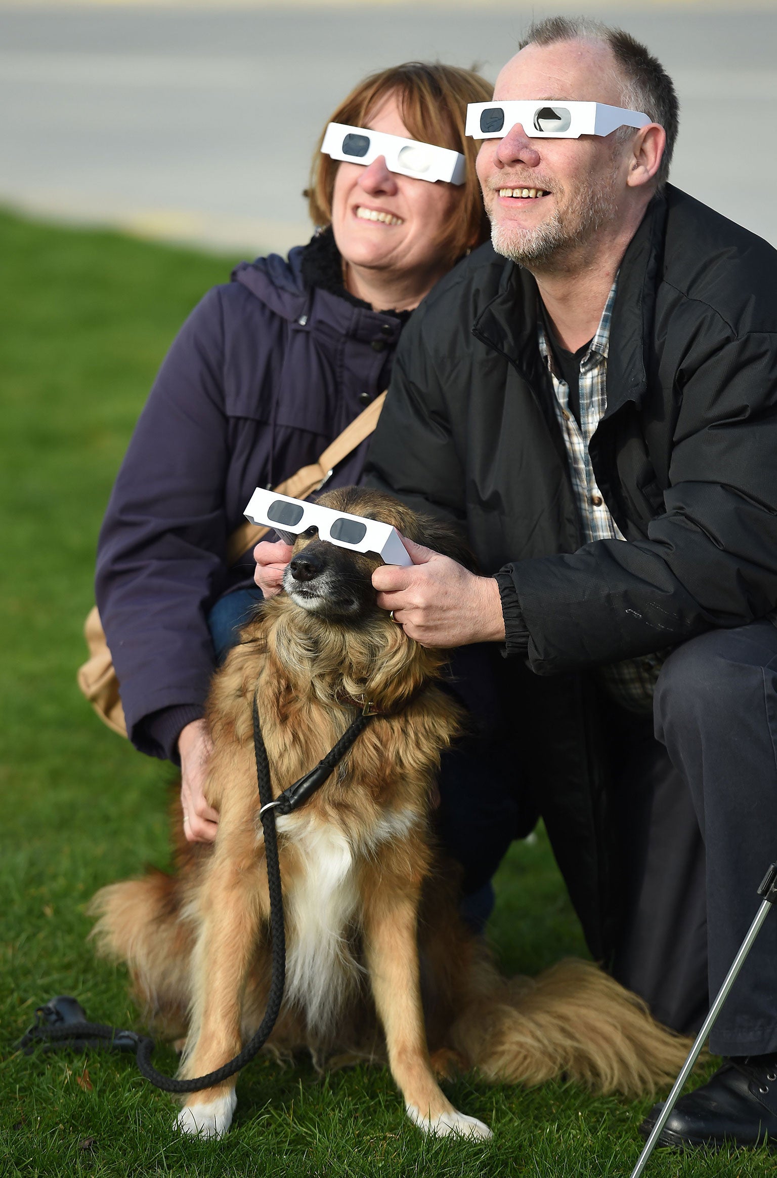 People use protective glasses on their dog as they watch a partial solar eclipse at the Pier Head in Liverpool, north-west England