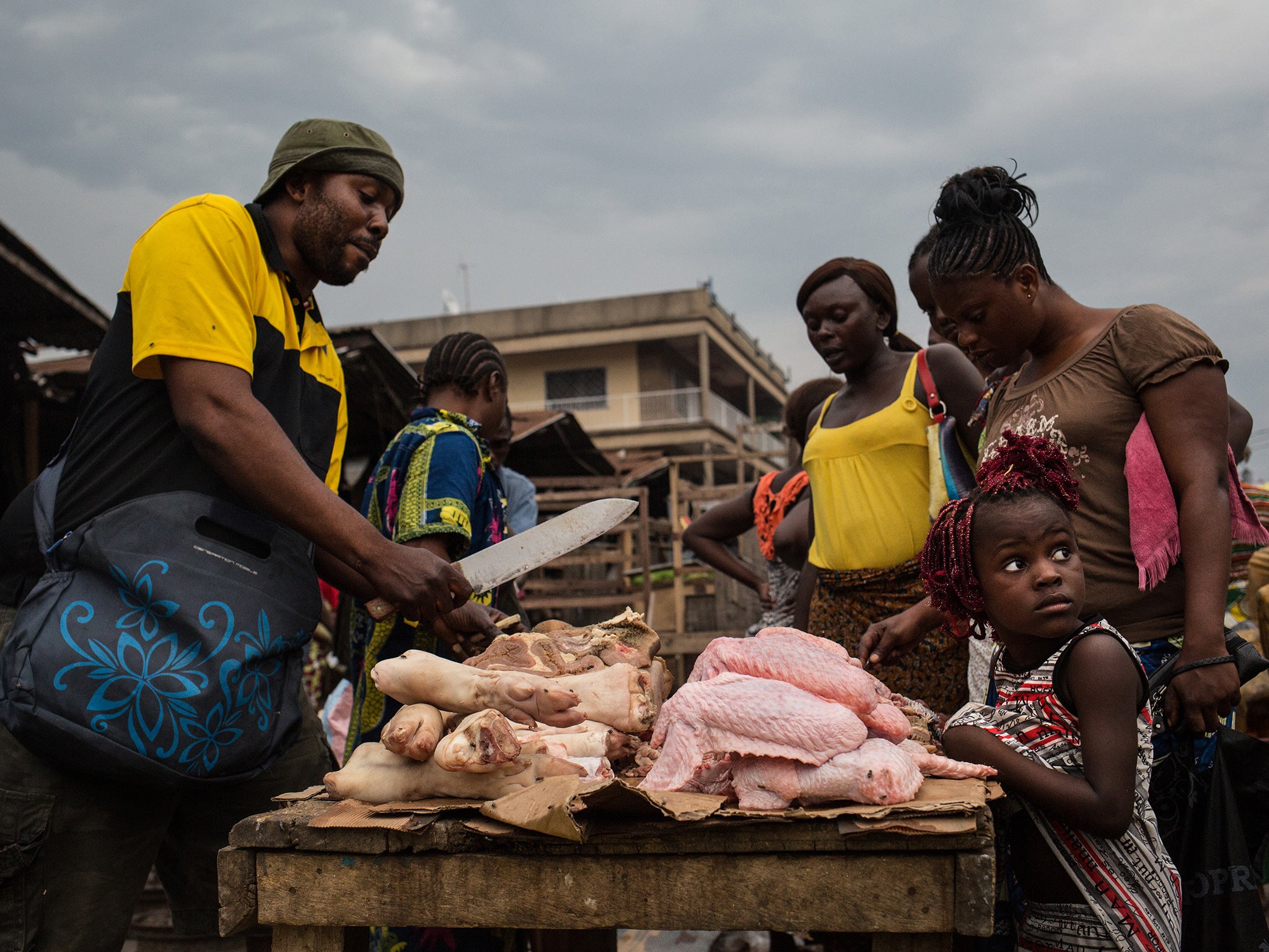 A market in Brazzaville sells red river hog meat