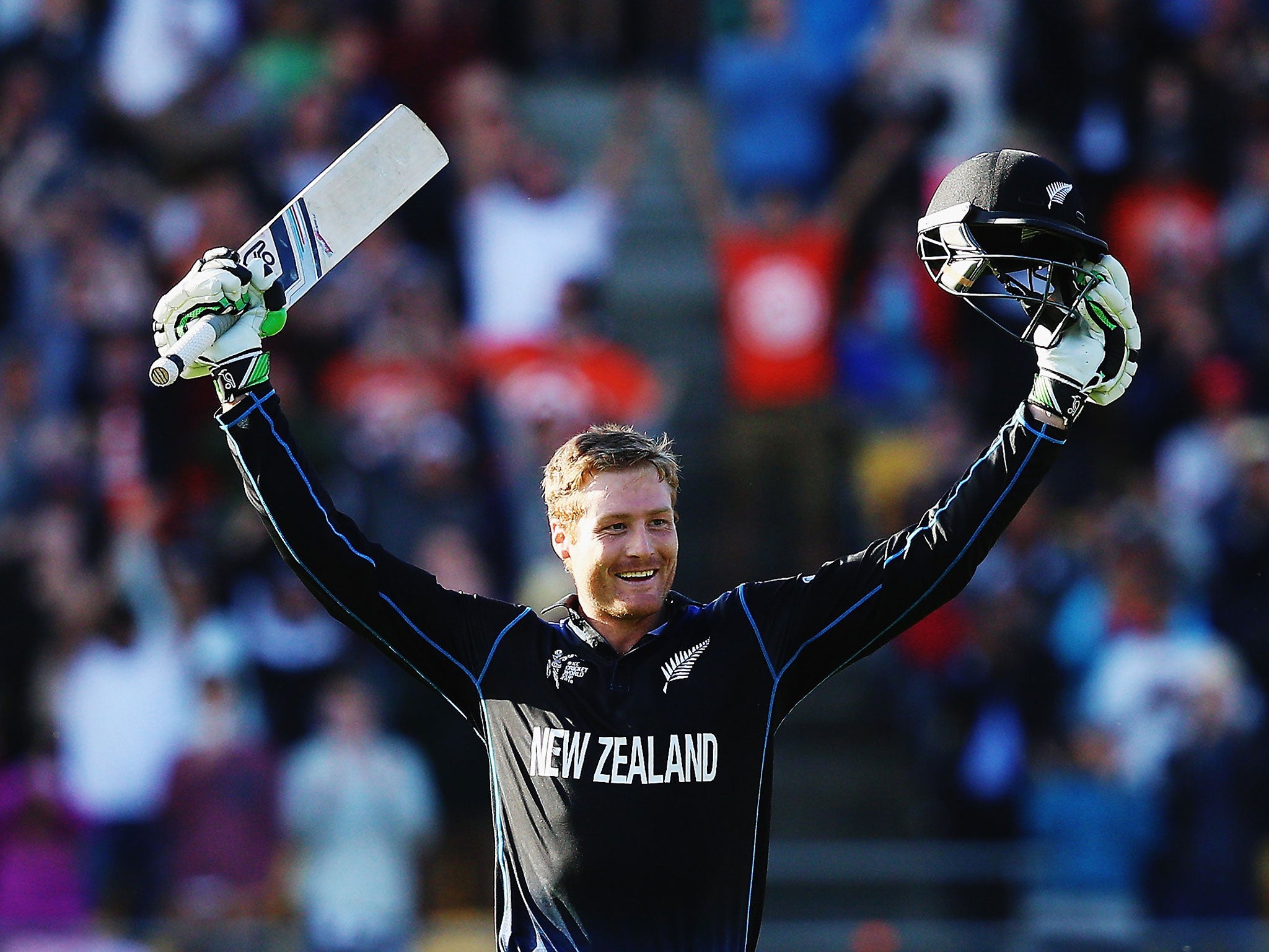 Martin Gupthill celebrates reaching his double-century against West Indies