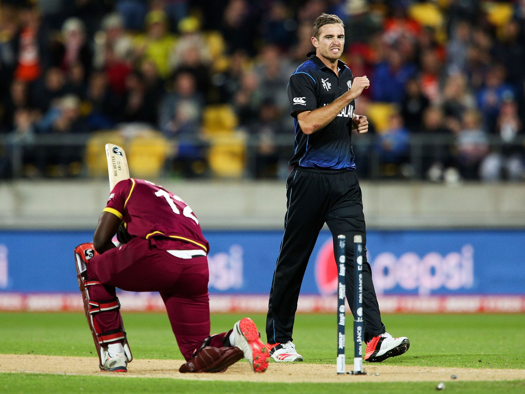 Tim Southee clean bowls Andre Russell