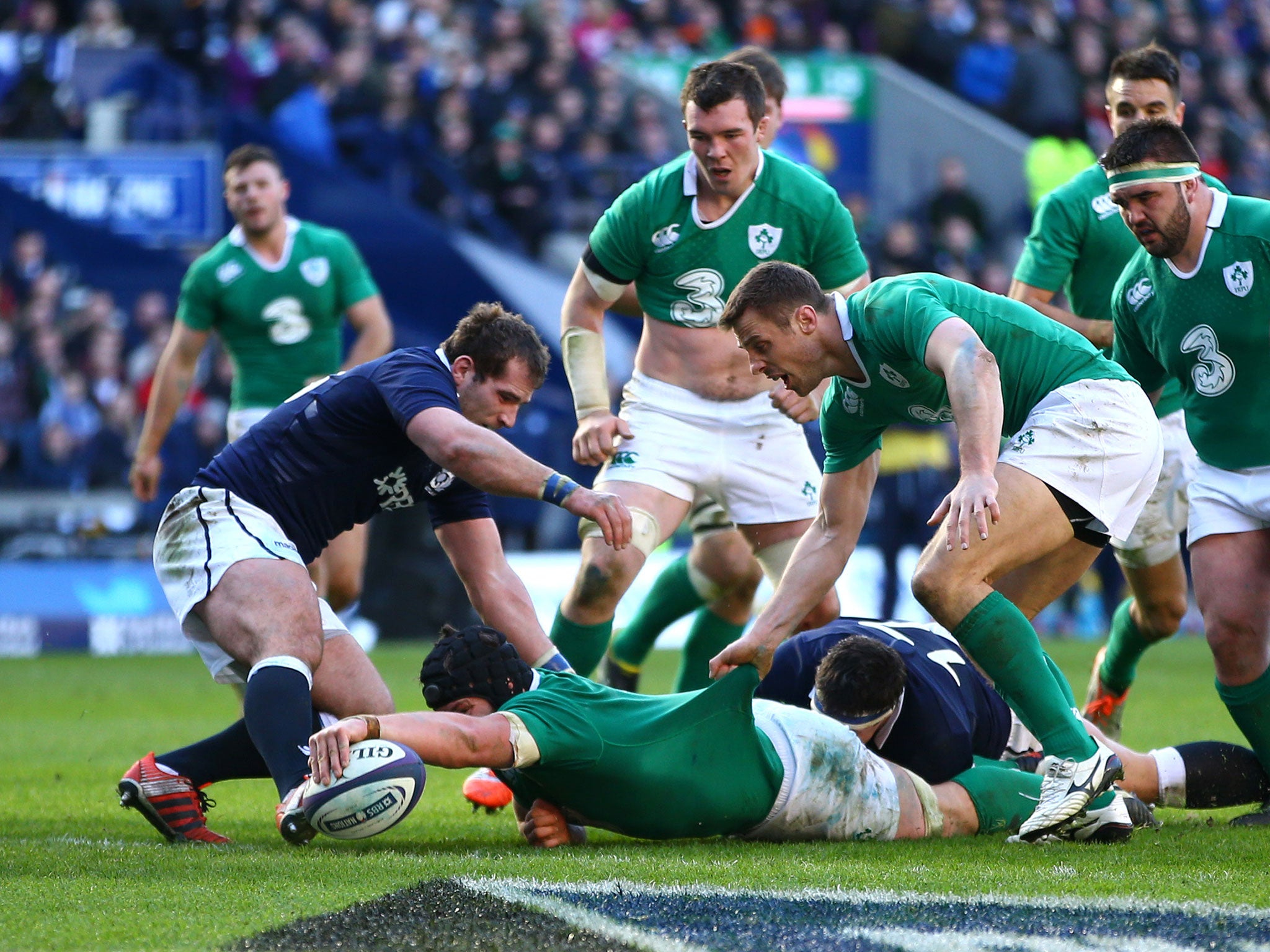 Sean O'Brien touches down for his second try against Scotland