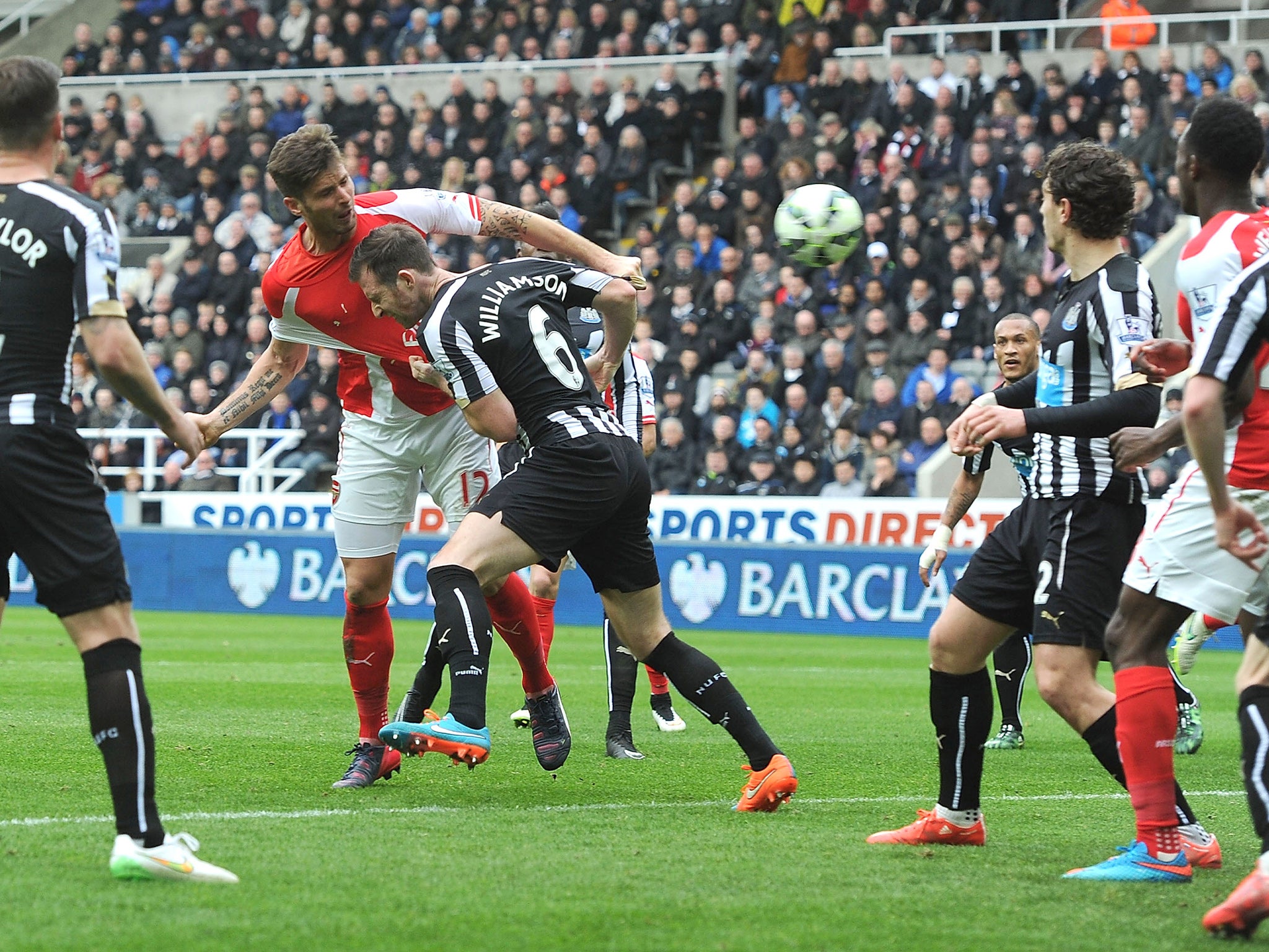 The striker beat Mike Williamson to head in the second just before half-time