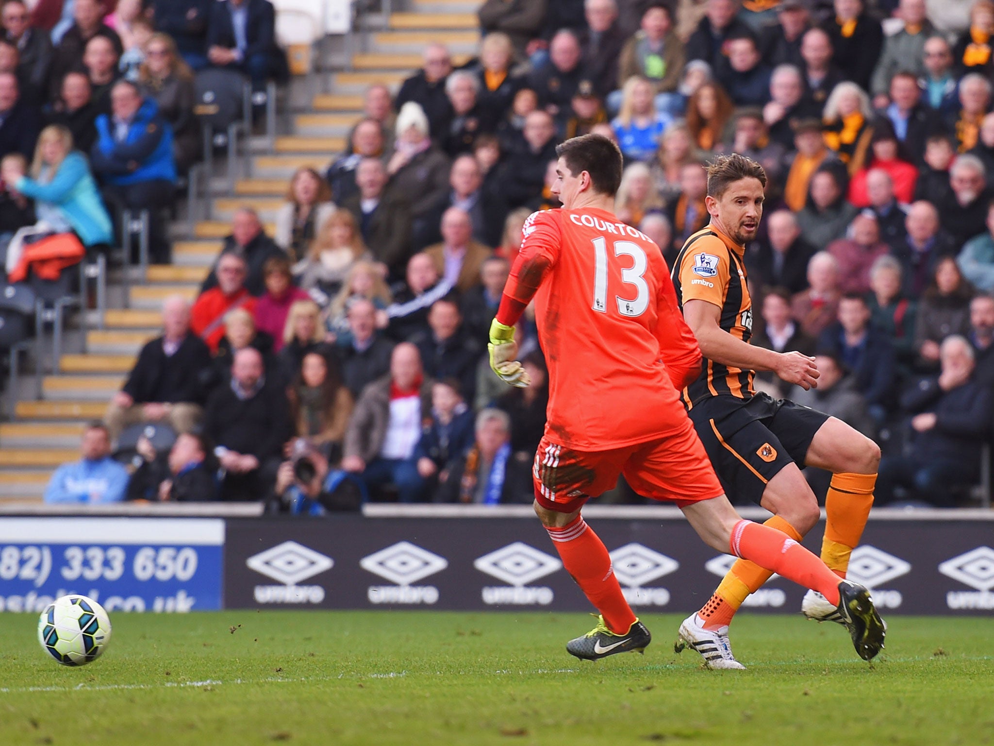 Thibaut Courtois's loose ball went straight to Abel Hernandez (not pictured) to score