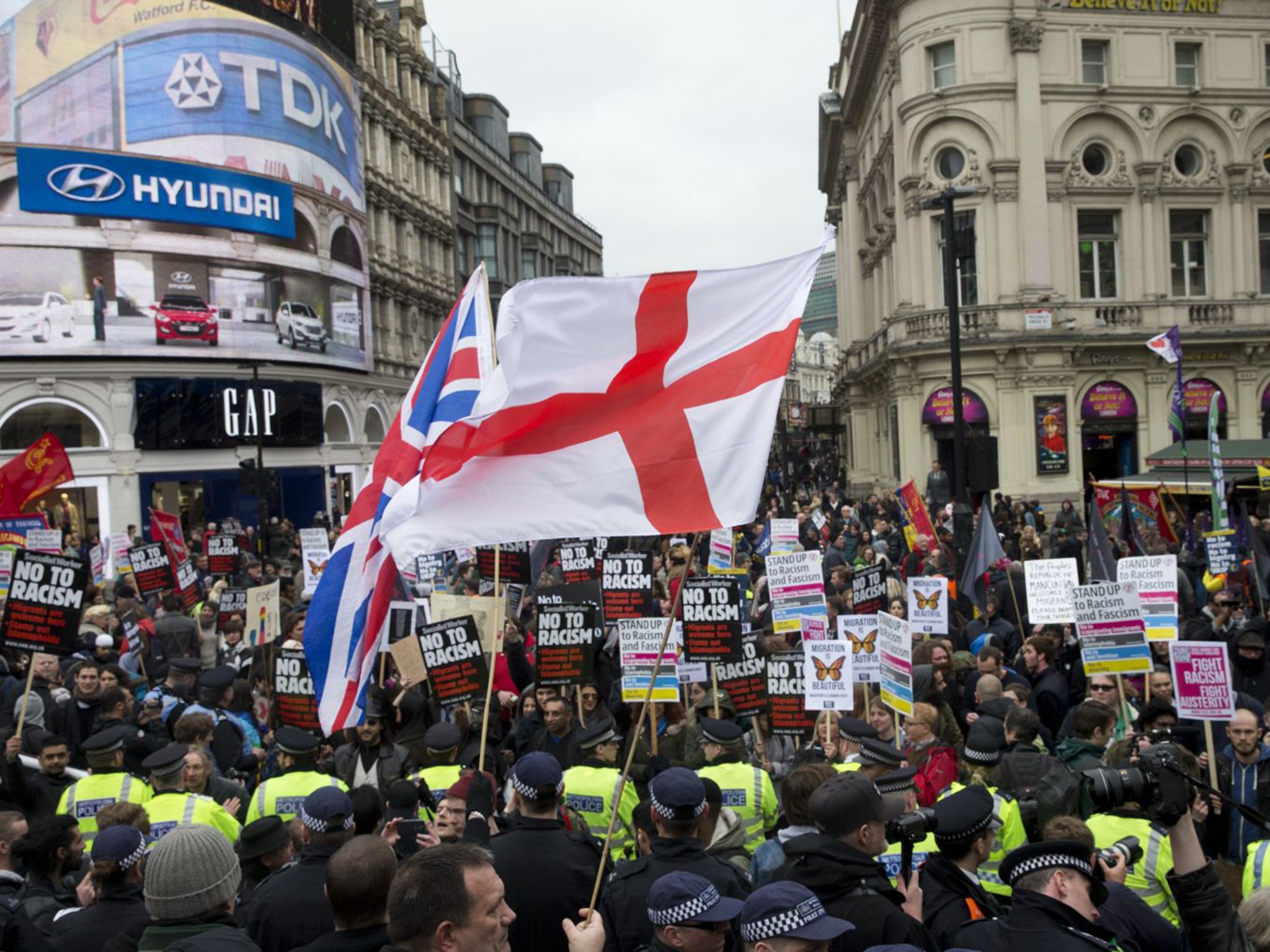 Protesters on an anti-racist march through London on Saturday came up against a counter demonstration by Britain First