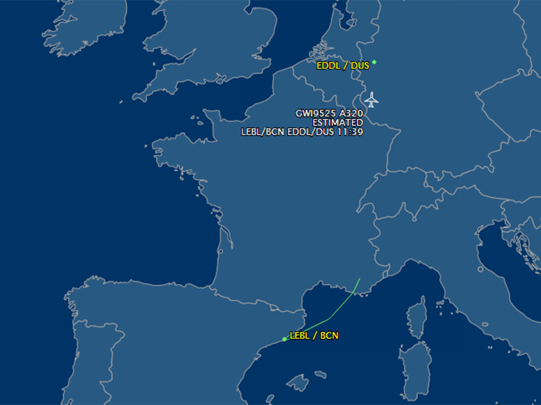 Screengrab from the flight tracking website Flightaware, appearing to show the path of the Barcelona-Dusseldorf flight