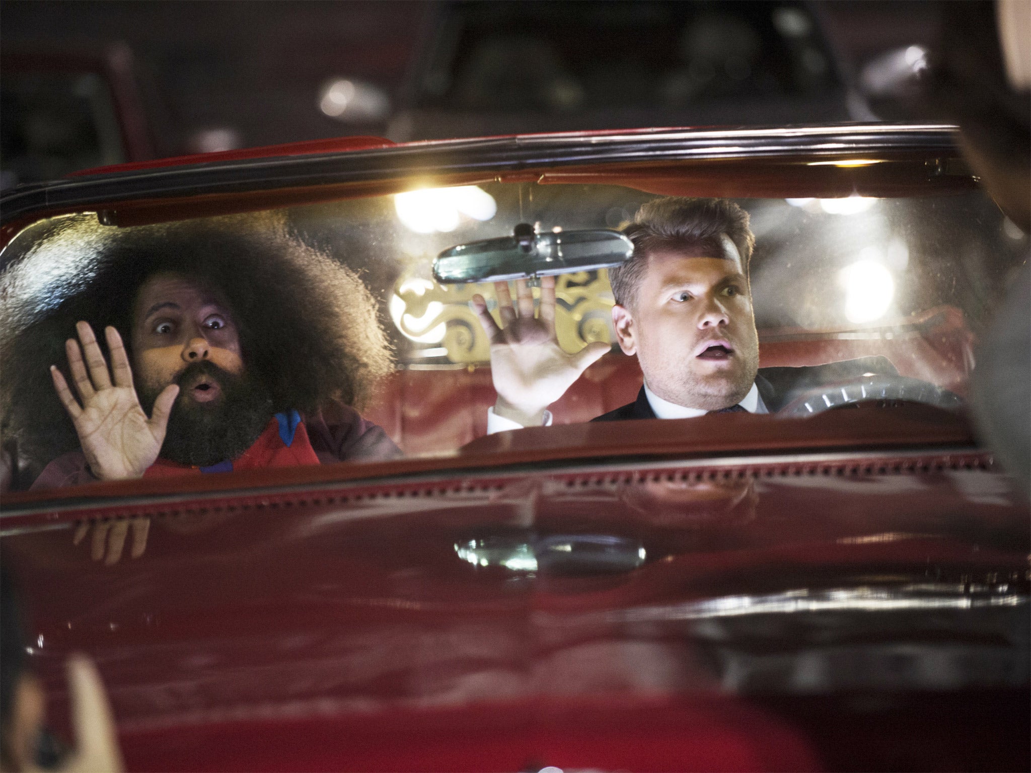 American comedian Reggie Watts and James Corden recording a scene for the opening titles for 'The Late Late Show with James Corden'