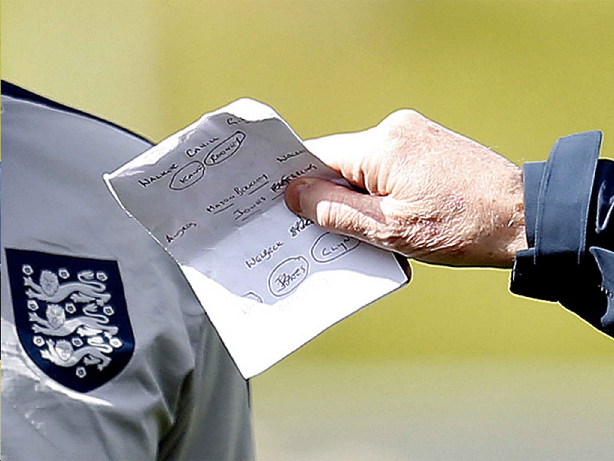 Roy Hodgson was pictured during training with an England line-up in his hand