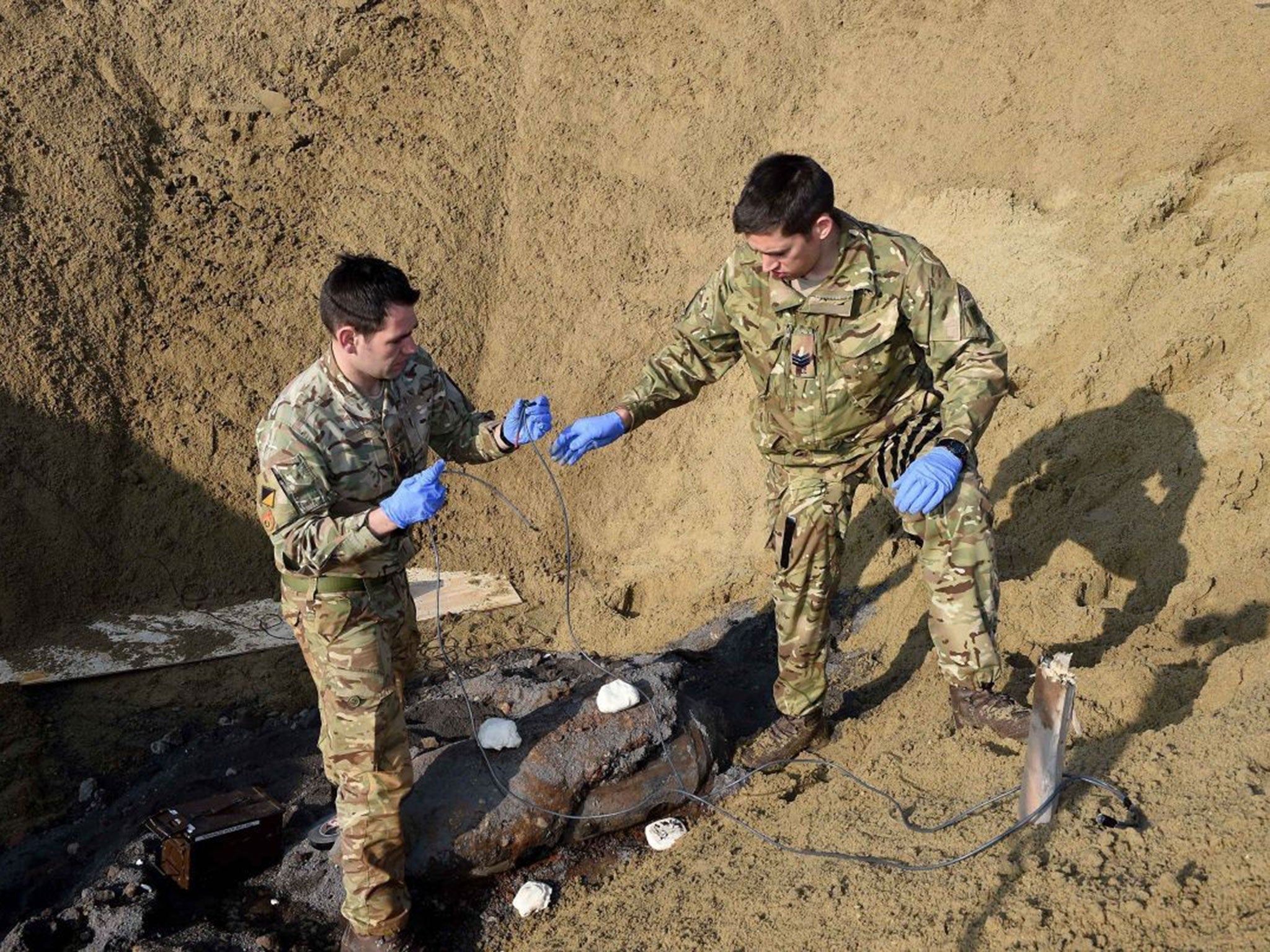 The Bermondsey bomb being destroyed by the Army near the River Thames at Cliffe in Kent.