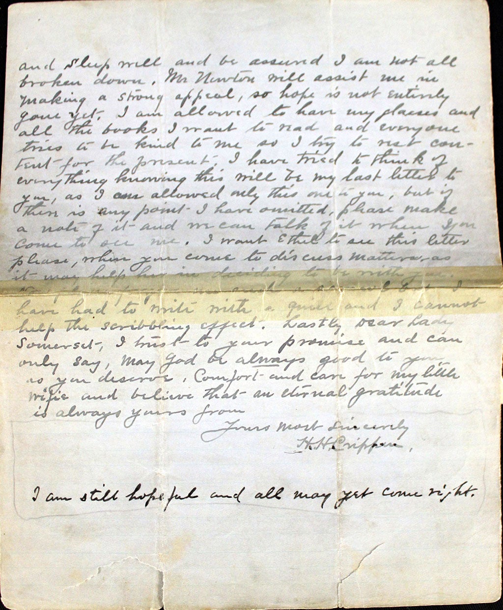 The fourth and final page of a letter written by Dr Harvey Hawley Crippen to Lady Henry Somerset (Henry Aldridge &amp; Son/PA Wire)