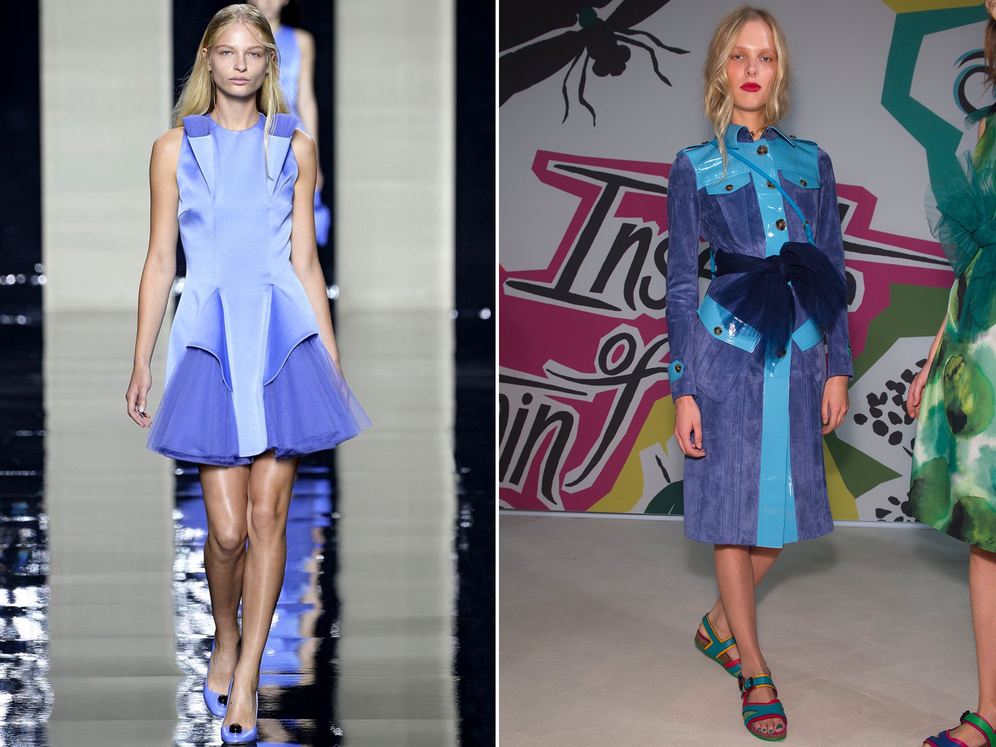 Violet femmes: Purple at Christopher Kane, left, and Burberry for Spring/Summer '15