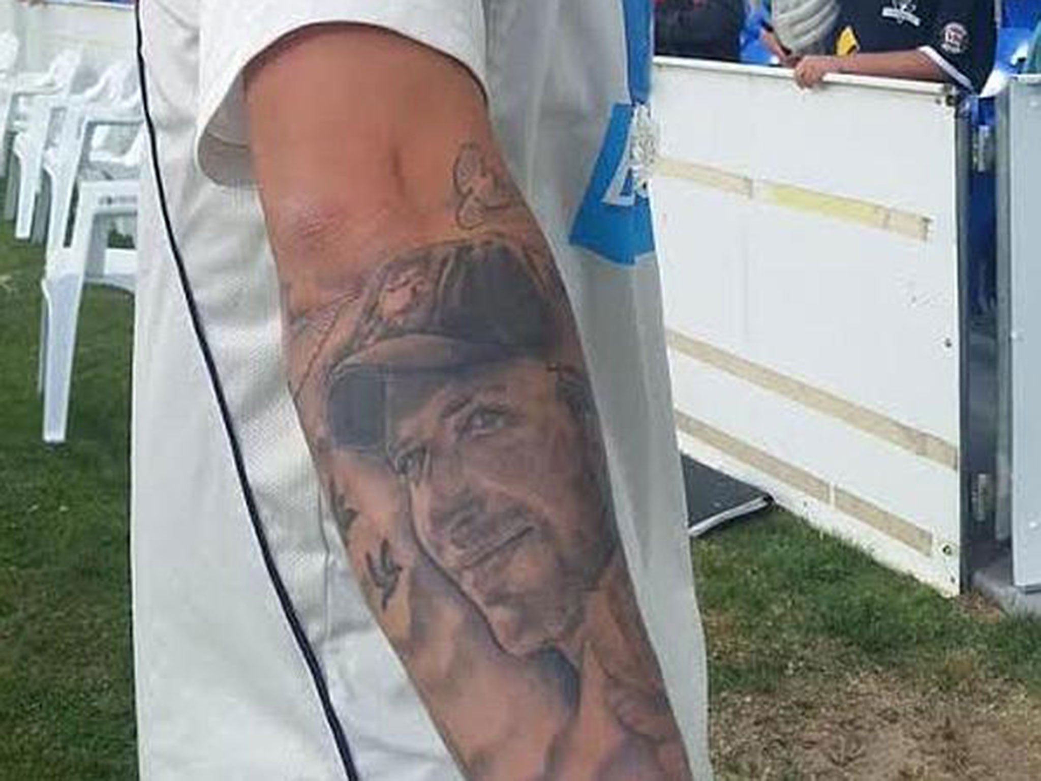 A close-up of Wade's tattoo of Phillip Hughes