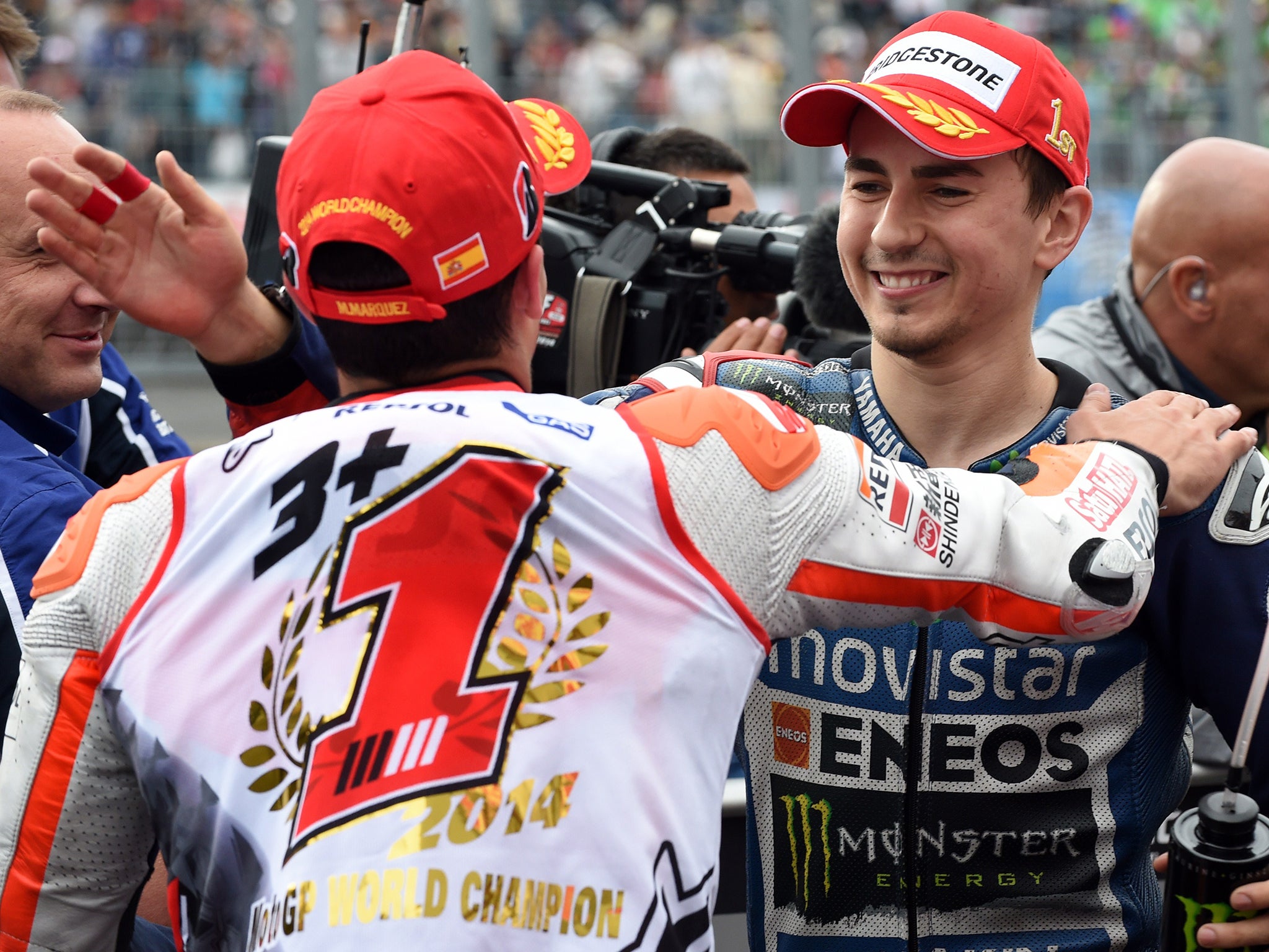 Jorge Lorenzo (right) congratulates Marc Marquez last season