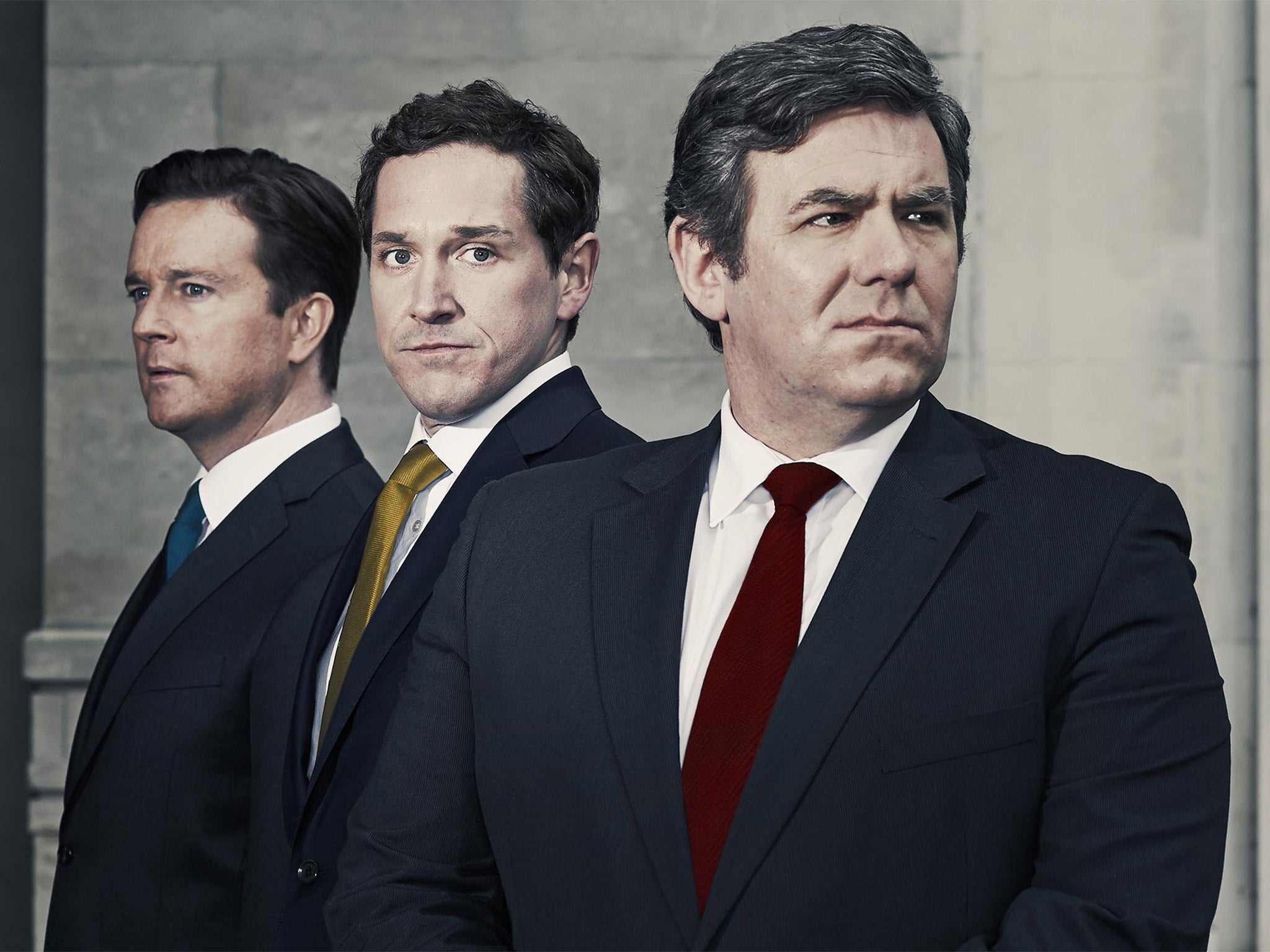 Left to right: David Cameron (Mark Dexter), Nick Clegg (Bertie Carvel) and Gordon Brown (Ian Grieve)