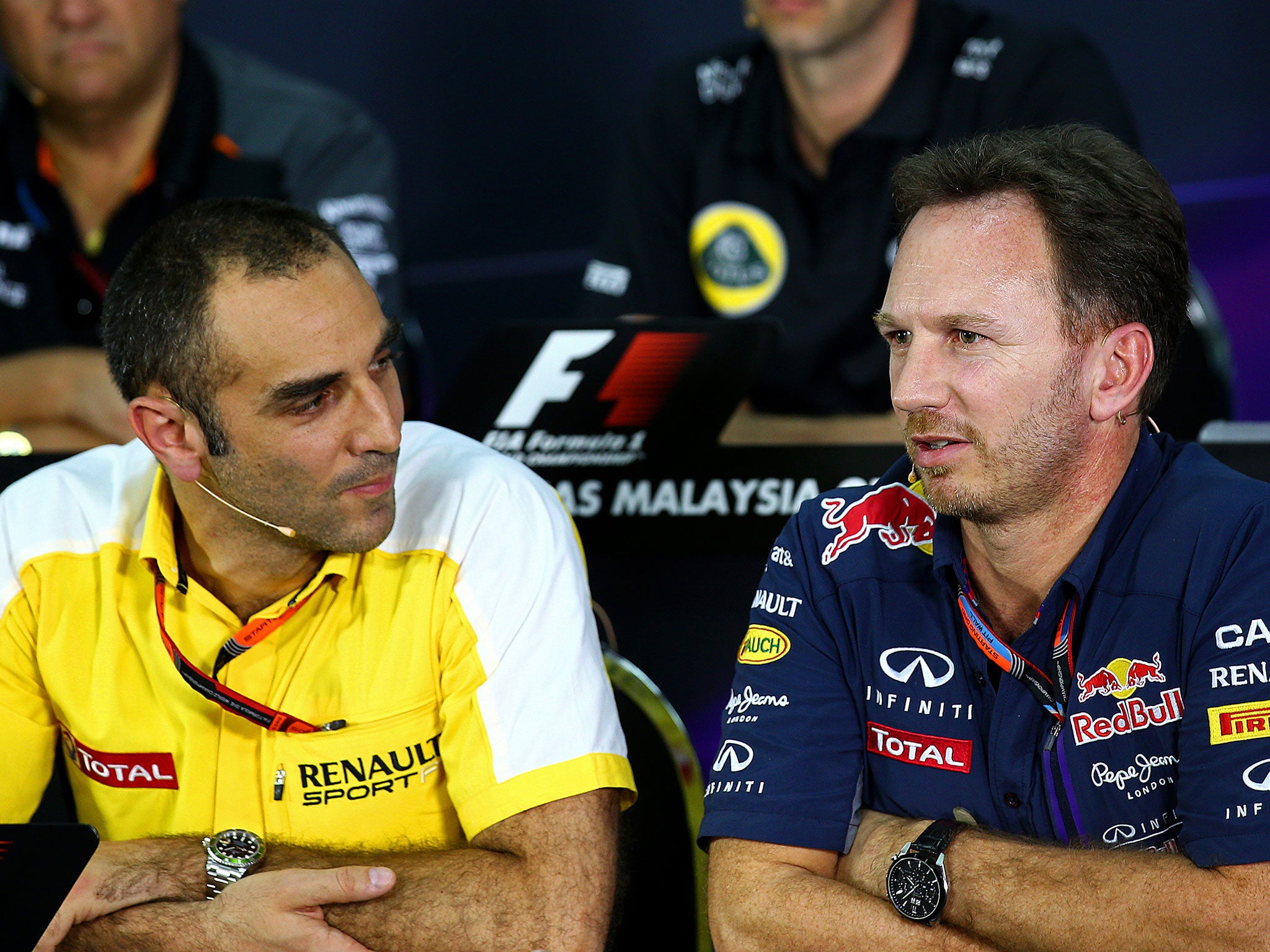 Renault managing director Cyril Abiteboul alongside Red Bull team principal Christian Horner