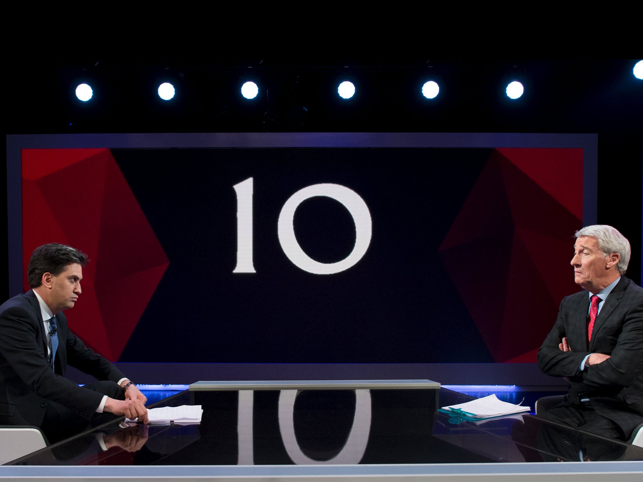 Labour leader Ed Miliband is interviewed by Jeremy Paxman on the Sky News/Channel 4 programme: Cameron & Miliband Live: The Battle for Number 10