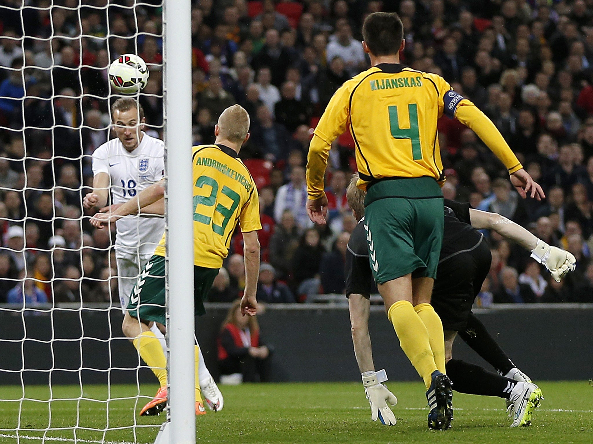 Harry Kane heads home his first England goal just 78 seconds after coming on to make his debut