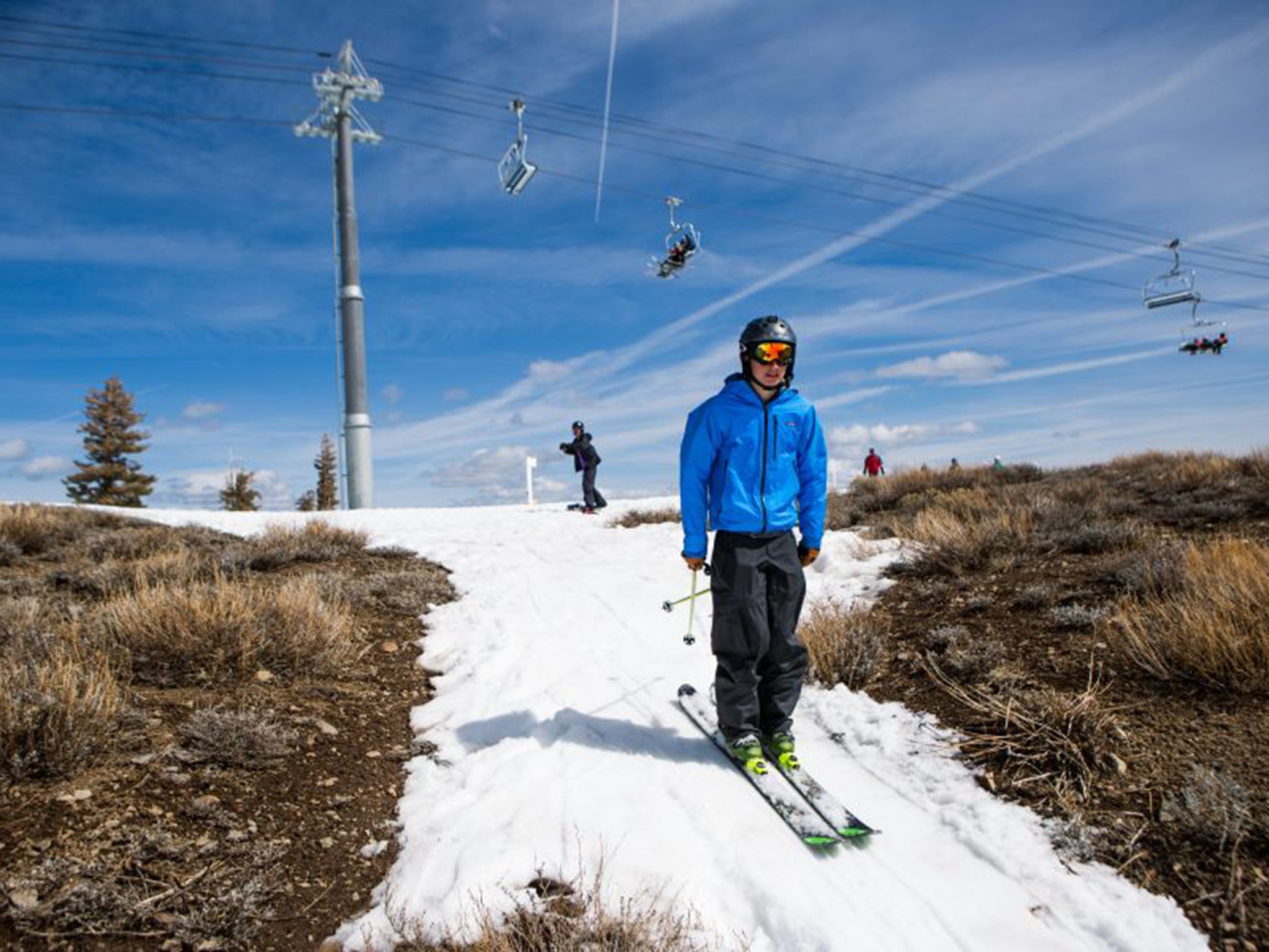 Meagre snowfall has left slopes in Olympic Valley, Tahoe, almost bare, weeks before the traditional spring melt