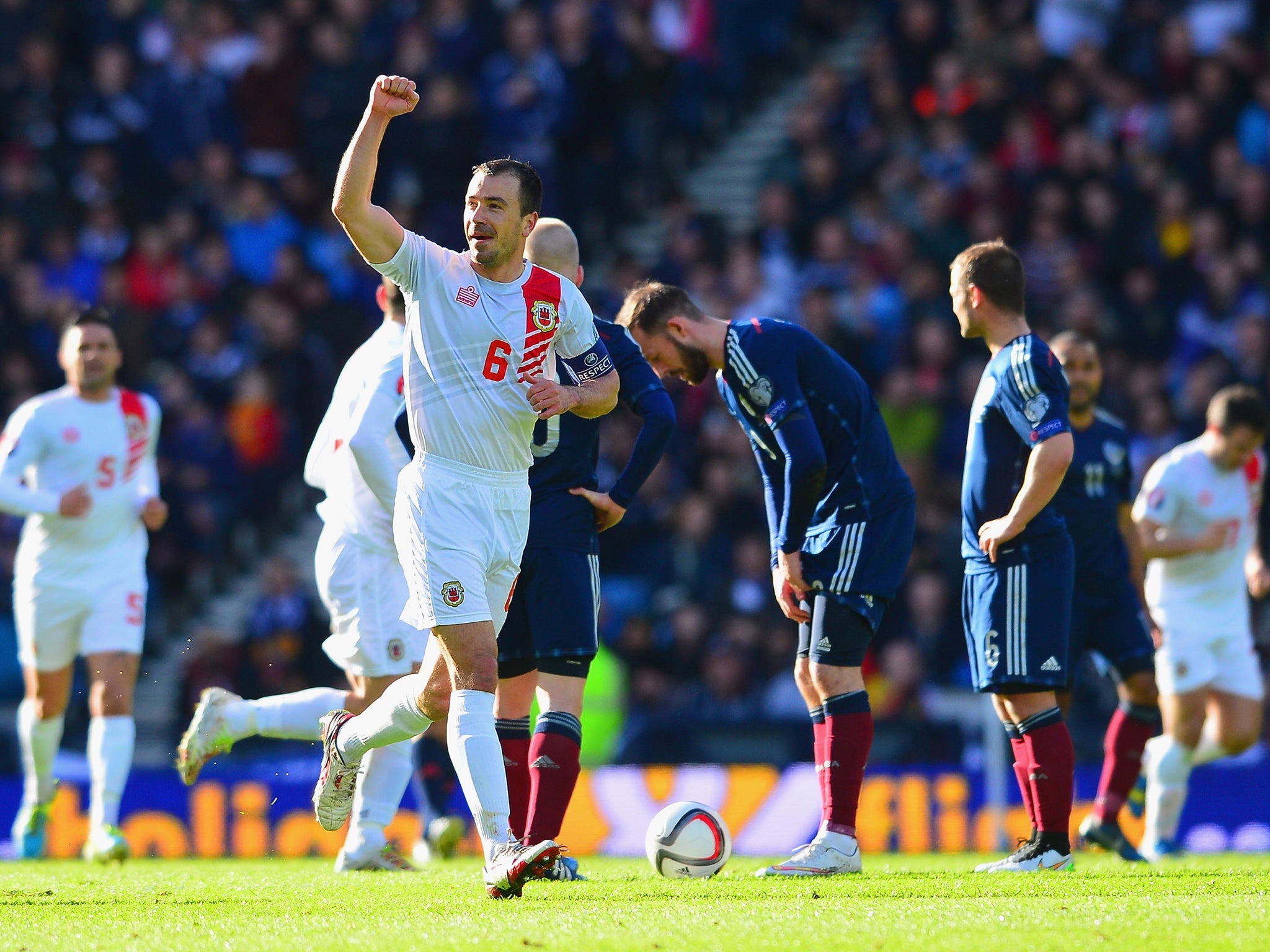 Gibraltar celebrate after scoring against Scotland