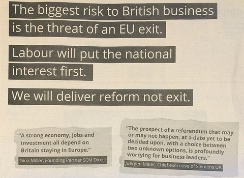 Labour's full-page advert in today's Financial Times