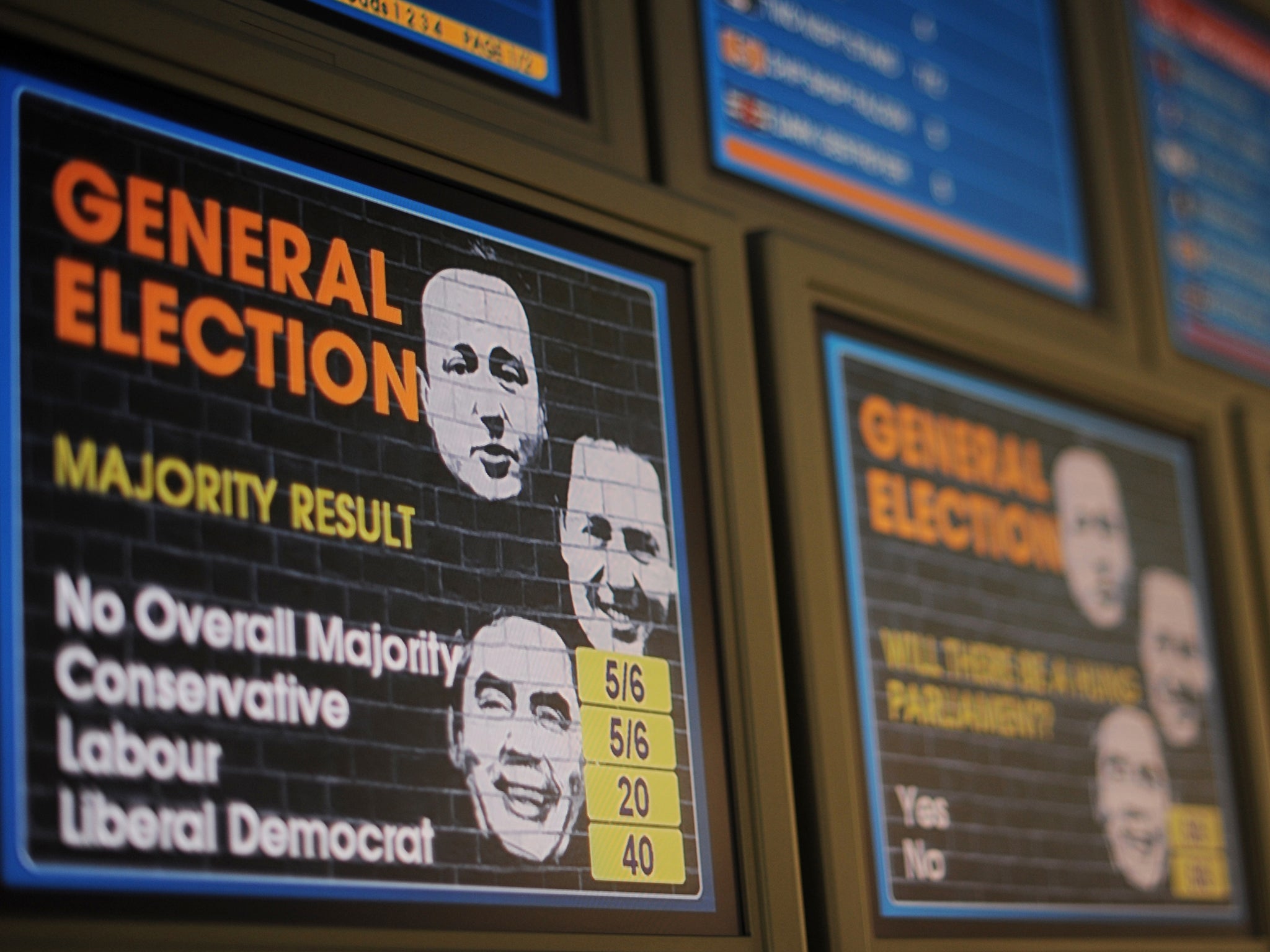 Information screens display the odds on the result of 2010's General Election in a bookmakers in central London