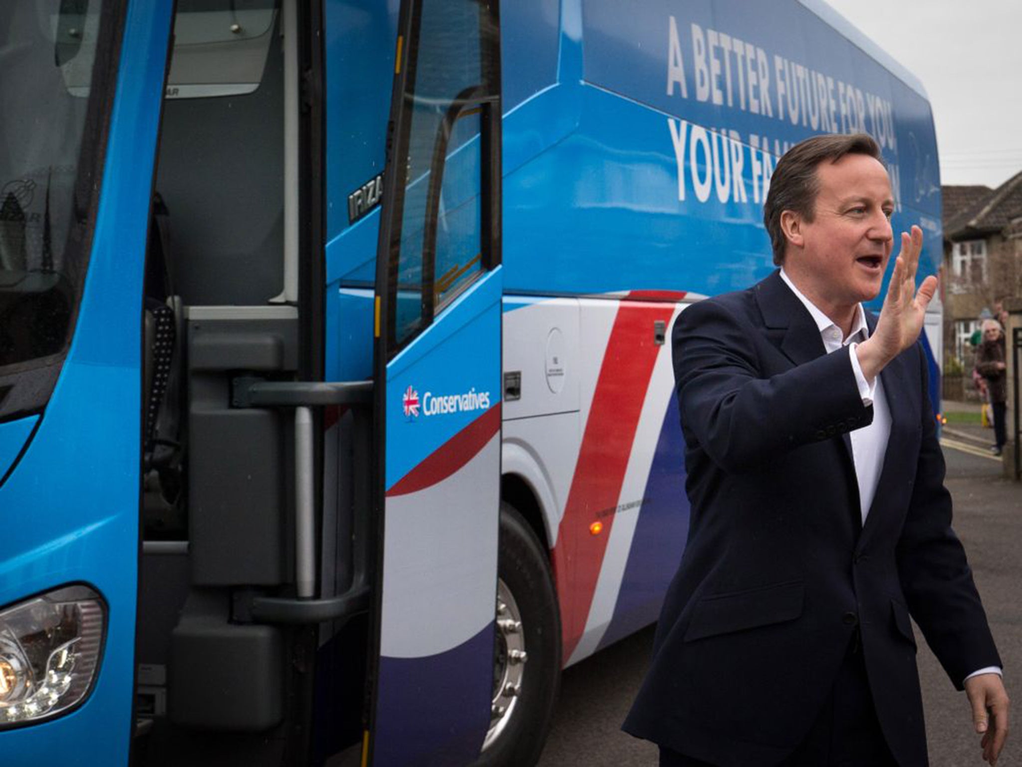 The Prime Minister arrived at The Corsham School in Wiltshire on board the blue Tory battlebus