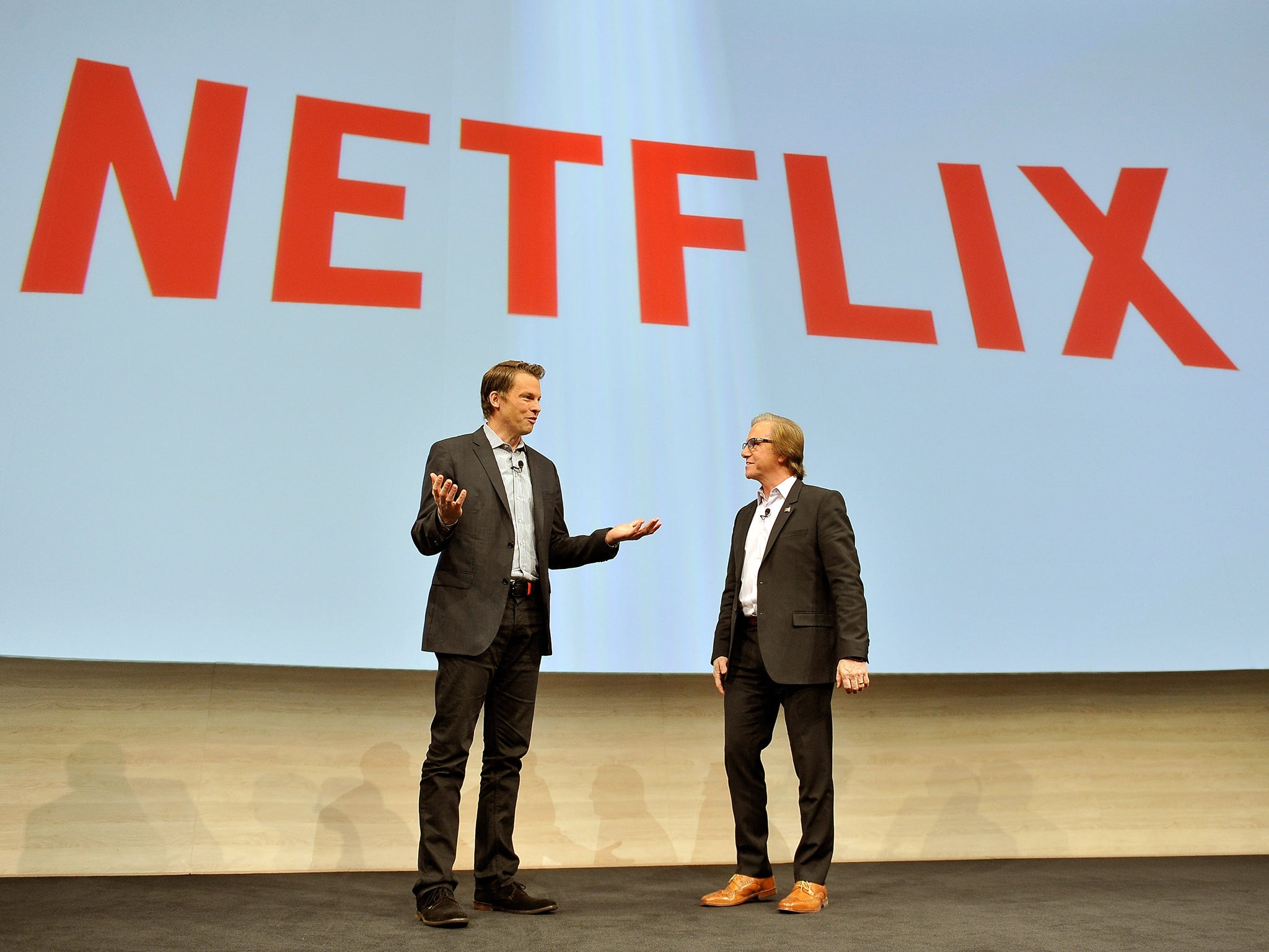 Netflix Chief Streaming and Partnerships Officer Greg Peters and Sony Electronics President and COO Mike Fasulo at a press event at the Las Vegas Convention Center for the 2015 International CES, where the company announced new plans for getting Netflix o