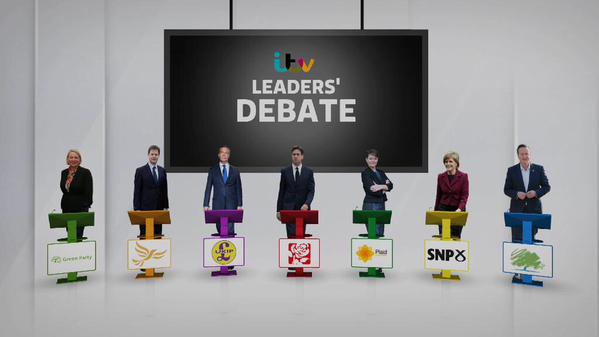 From left to right: Natalie Bennett, Nick Clegg, Nigel Farage, Ed Miliband, Leanne Wood, Nicola Sturgeon and David Cameron (Sky)