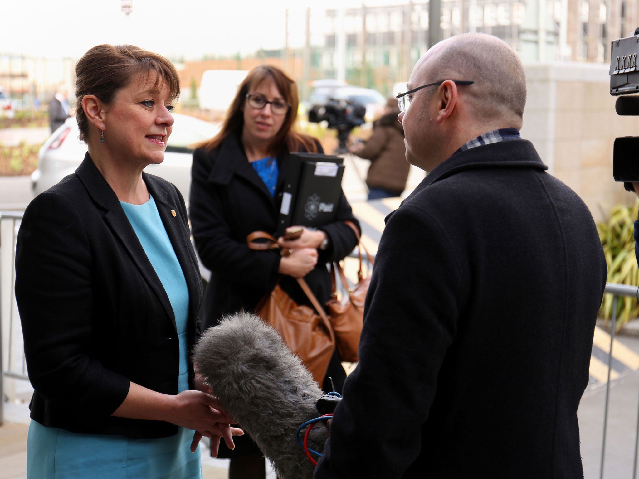 Plaid Cymru leader Leanne Wood arrives at the ITV Studios at MediaCityUK in Salford Quays