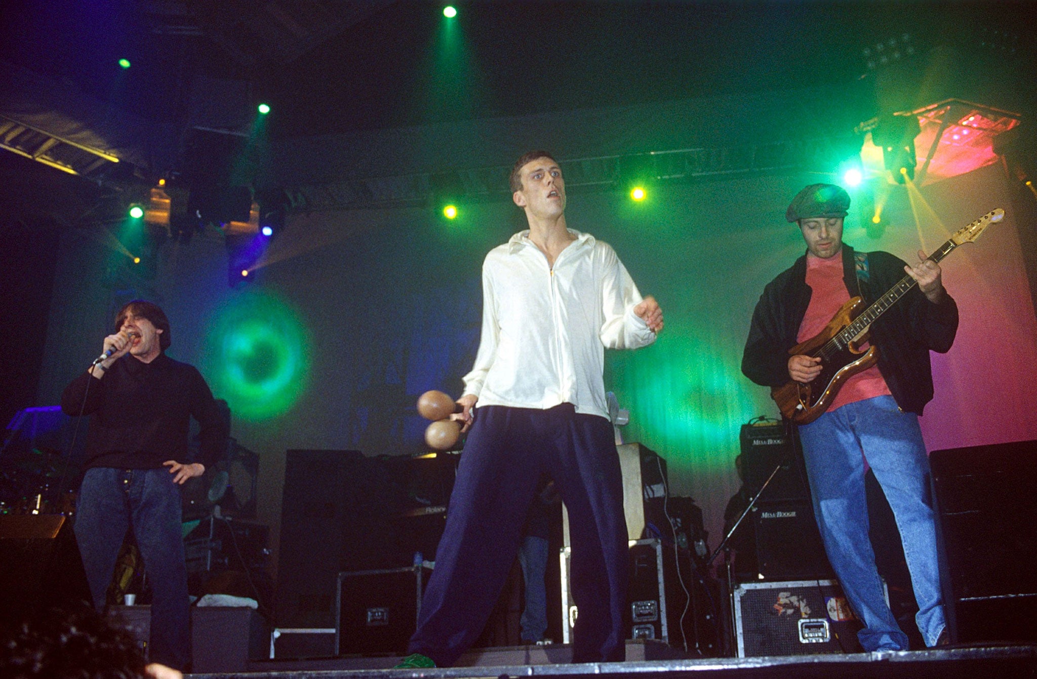 Rock'n'roll royalty: Bez on stage with the Happy Mondays in 1990 (Rex)