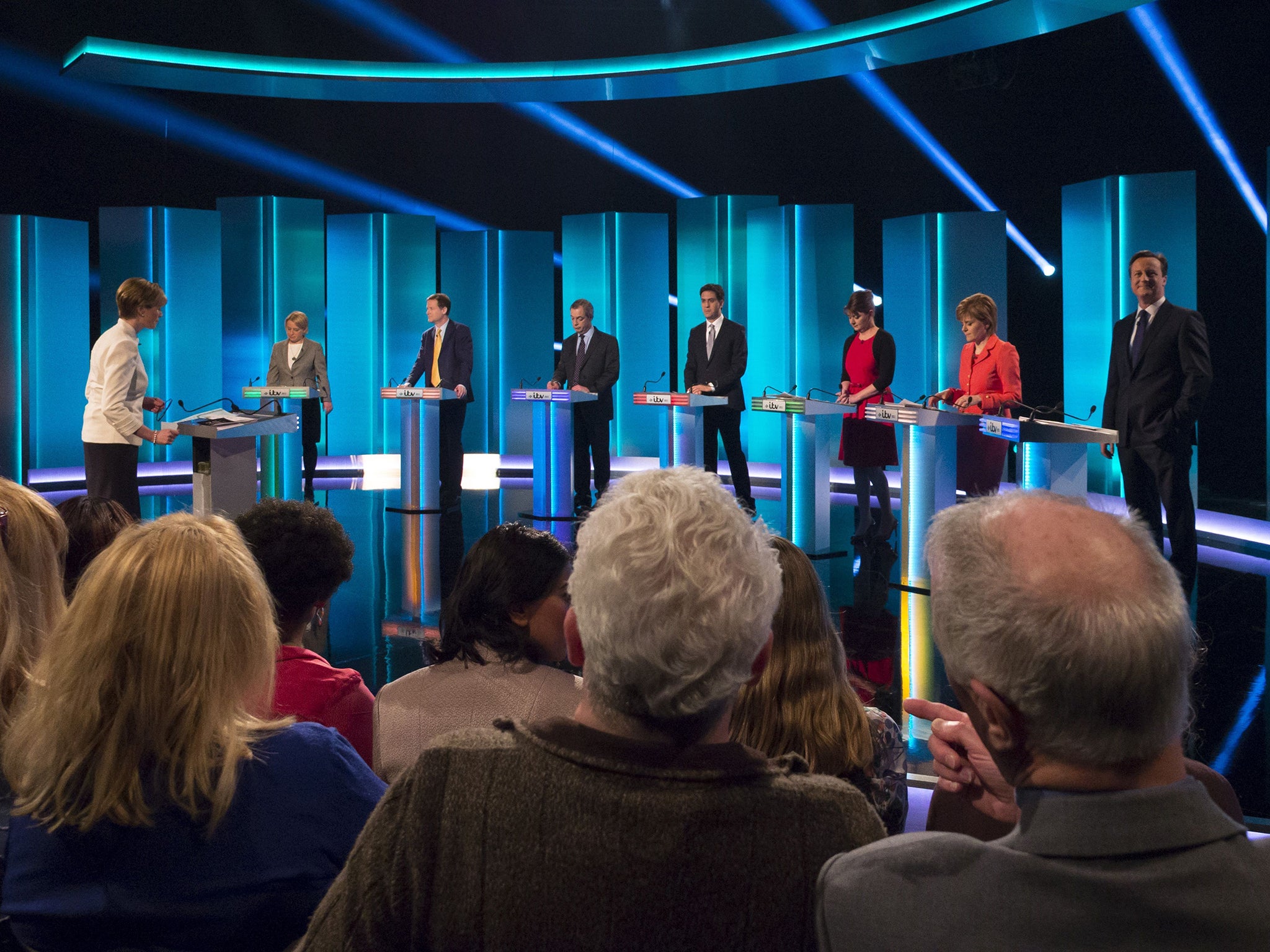 The seven leaders line up with Julie Etchingham as the chair