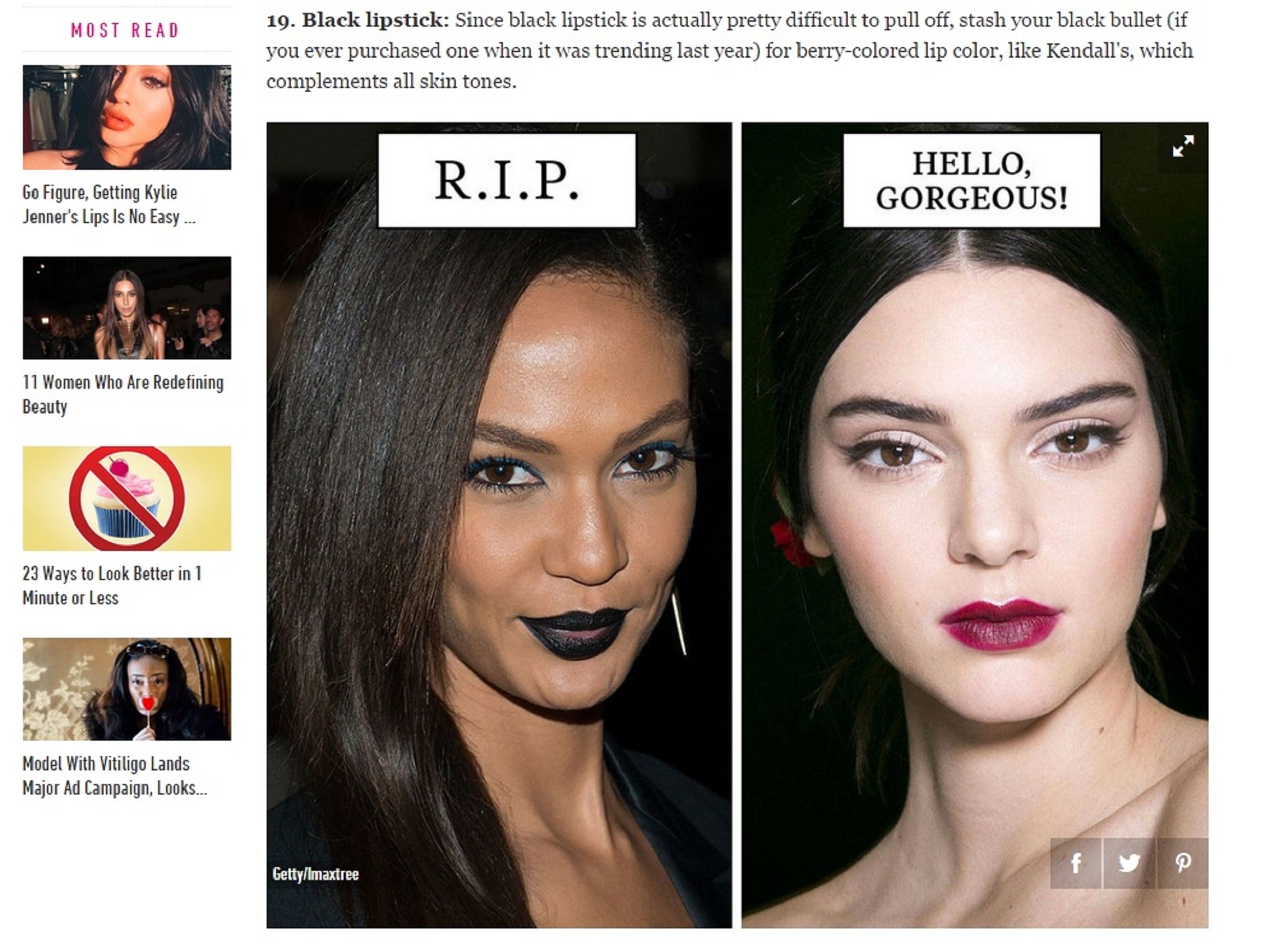 Cosmopolitan used the only black models in their feature to illustrate 'unfashionable' beauty trends