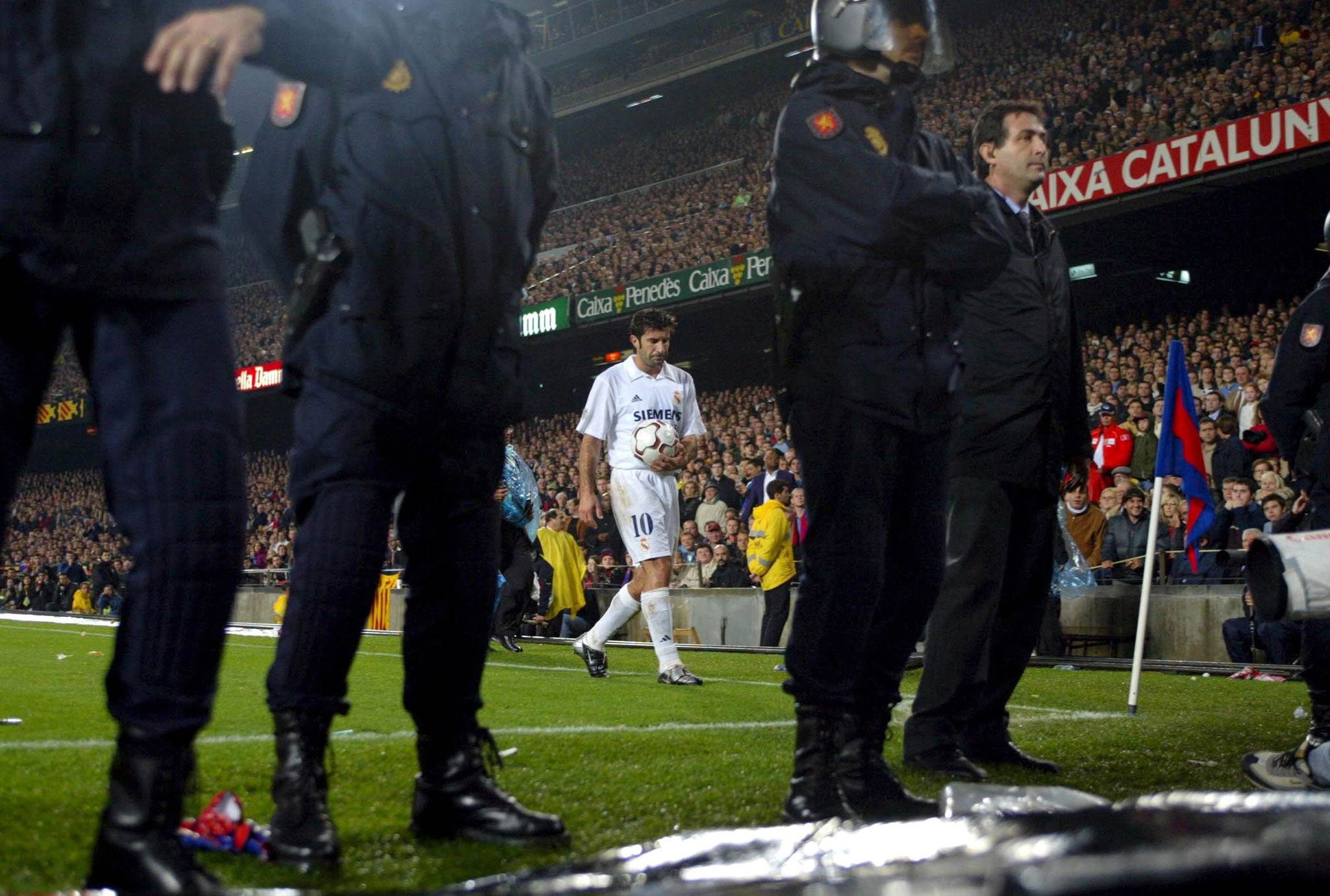 Luis Figo of Real Madrid, just before a pig's head was thrown at him by a Barcelona supporter (Getty)