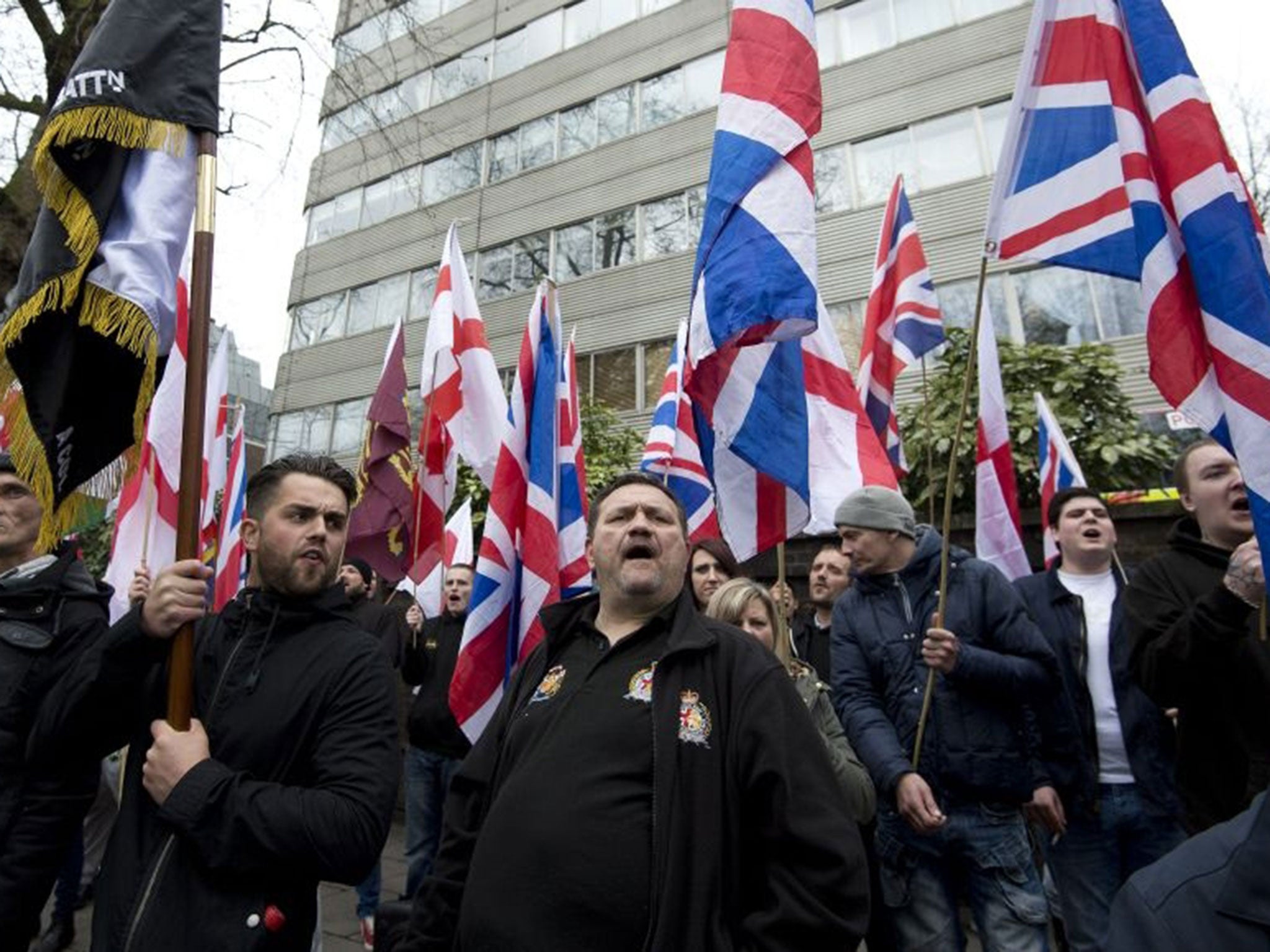 Far-right protesters gather outside the London Central Mosque and Islamic Cultural Centre in London.