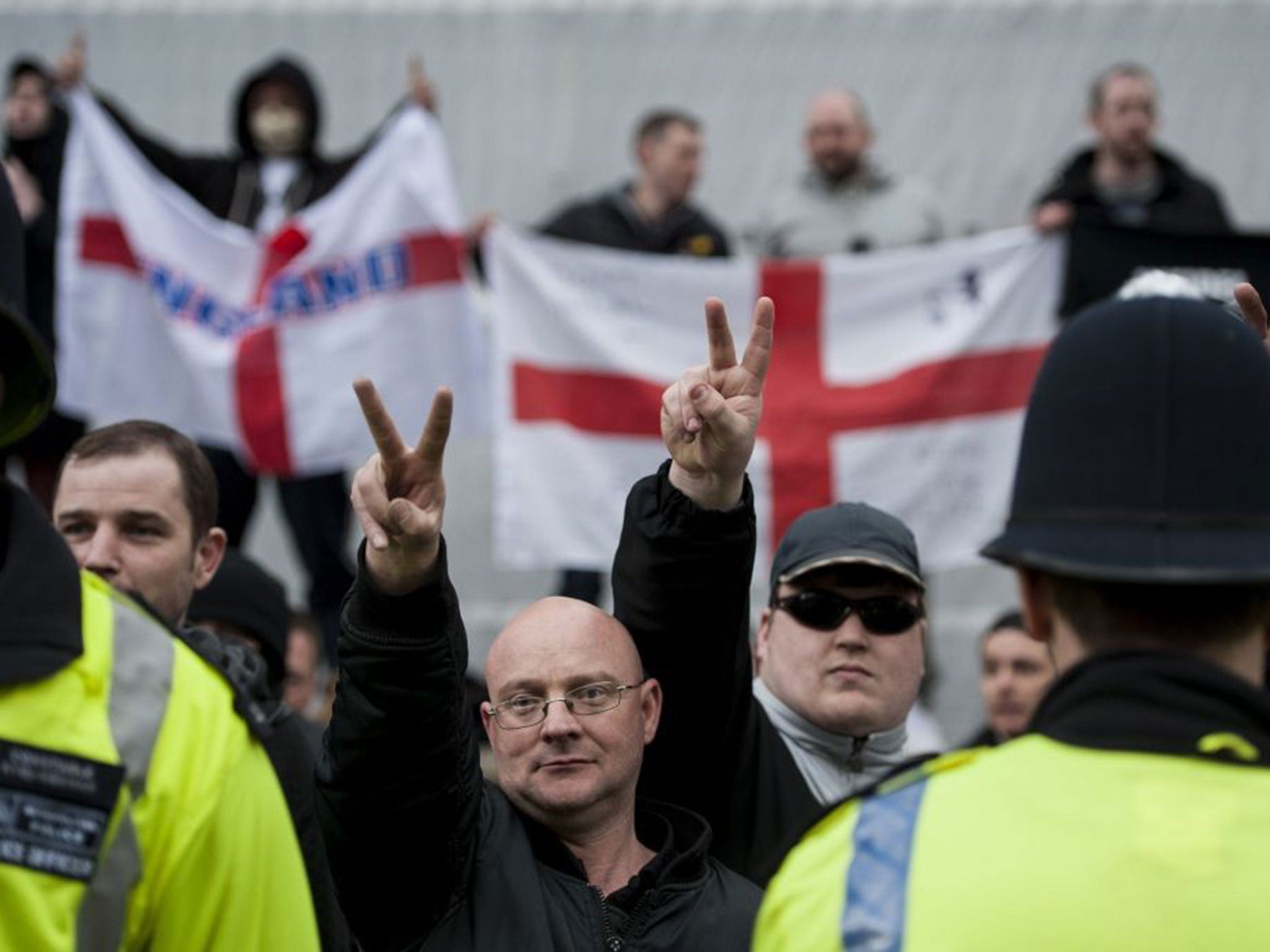 Activists from the British off-shoot of the Pegida during a rally on Whitehall, London, on 4 April