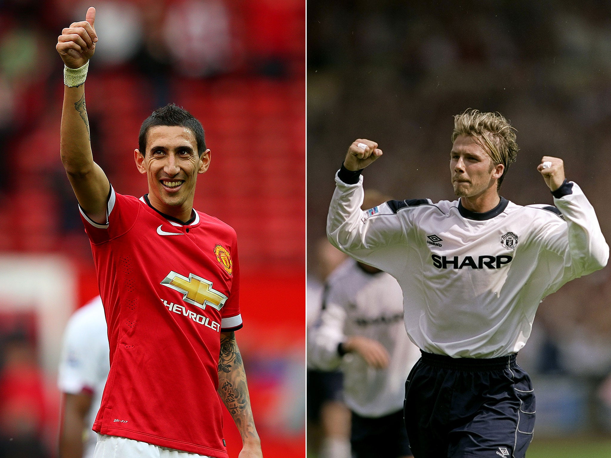 Angel Di Maria (left) plus David Beckham pictured in 1999 (right)