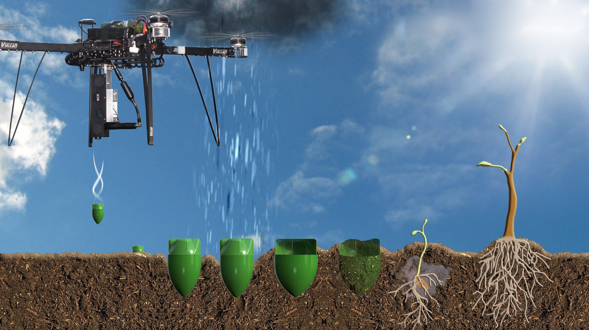 The drones will fire pods containing pre-germinated seeds at the ground