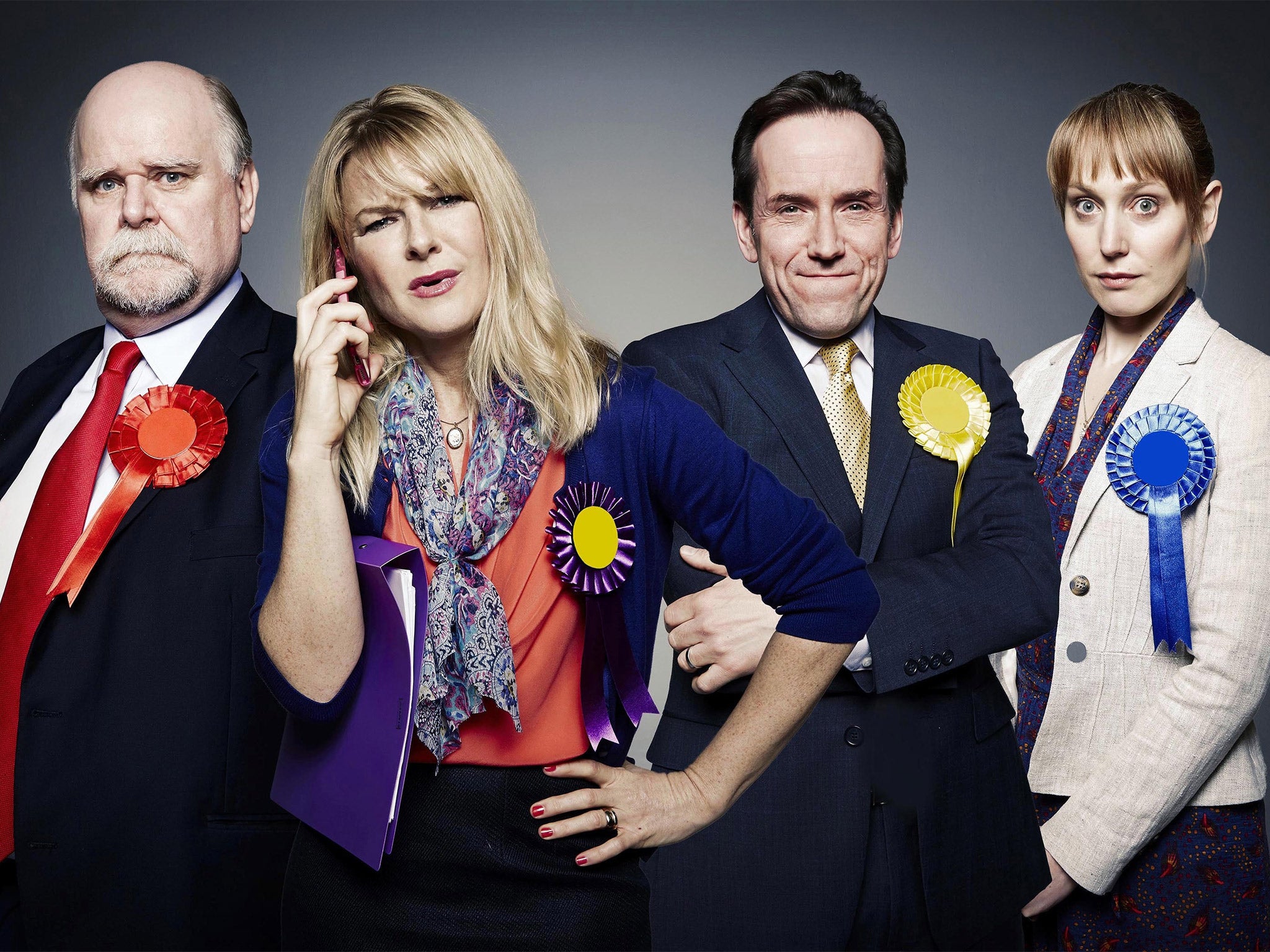 The stars of Ballot Monkey: Trevor Cooper, Sarah Hadland, Ben Miller and Hattie Morahan