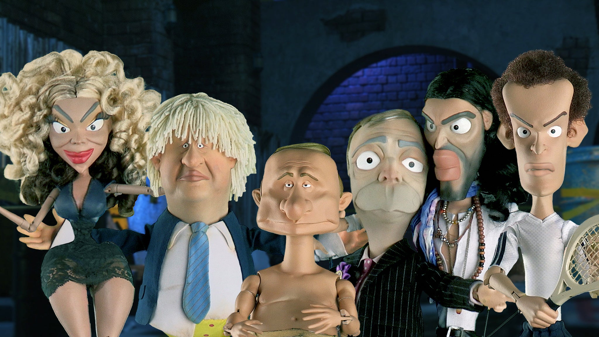 From left to right: Beyonce, Boris Johnson, Putin, Nigel Farage, Russell Brand and Andy Murray