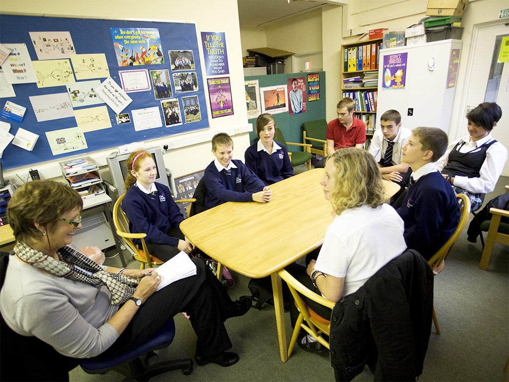 Shaping lives: Hilary Wilce chats with students at King Ethelberts School in Kent