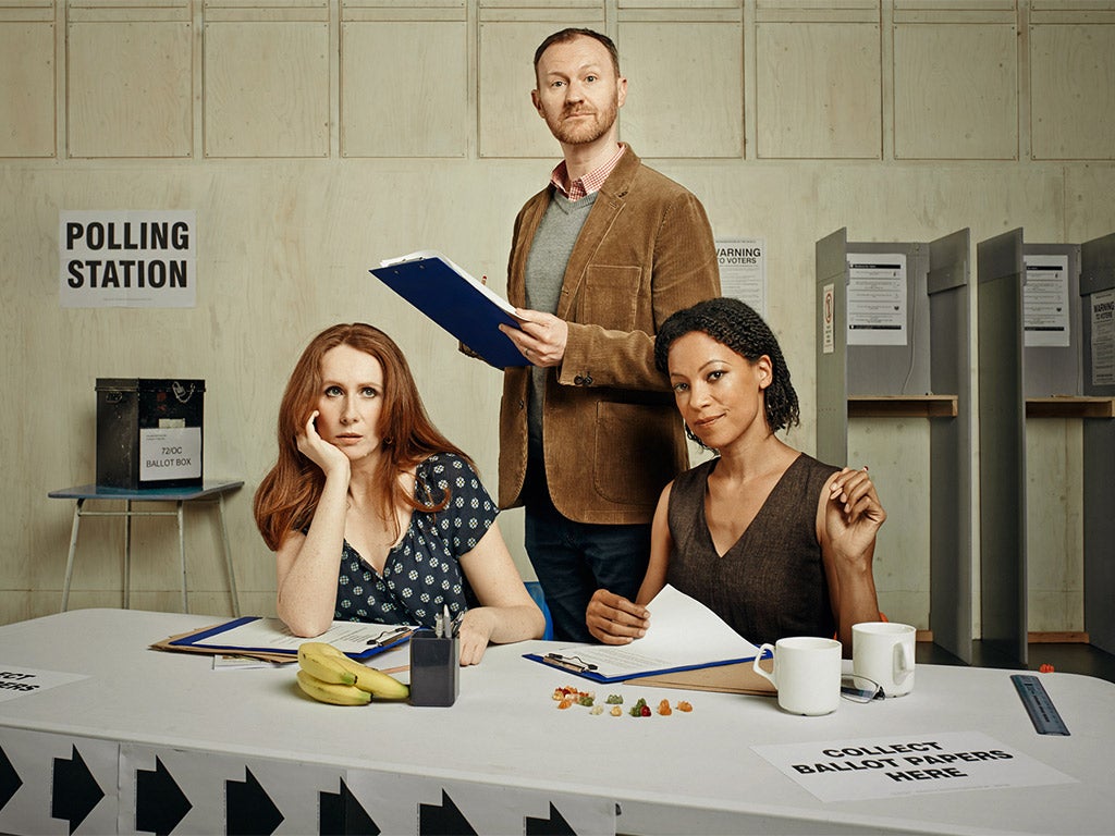 Play time: Catherine Tate, Mark Gatiss and Nina Sosanya in ‘The Vote'