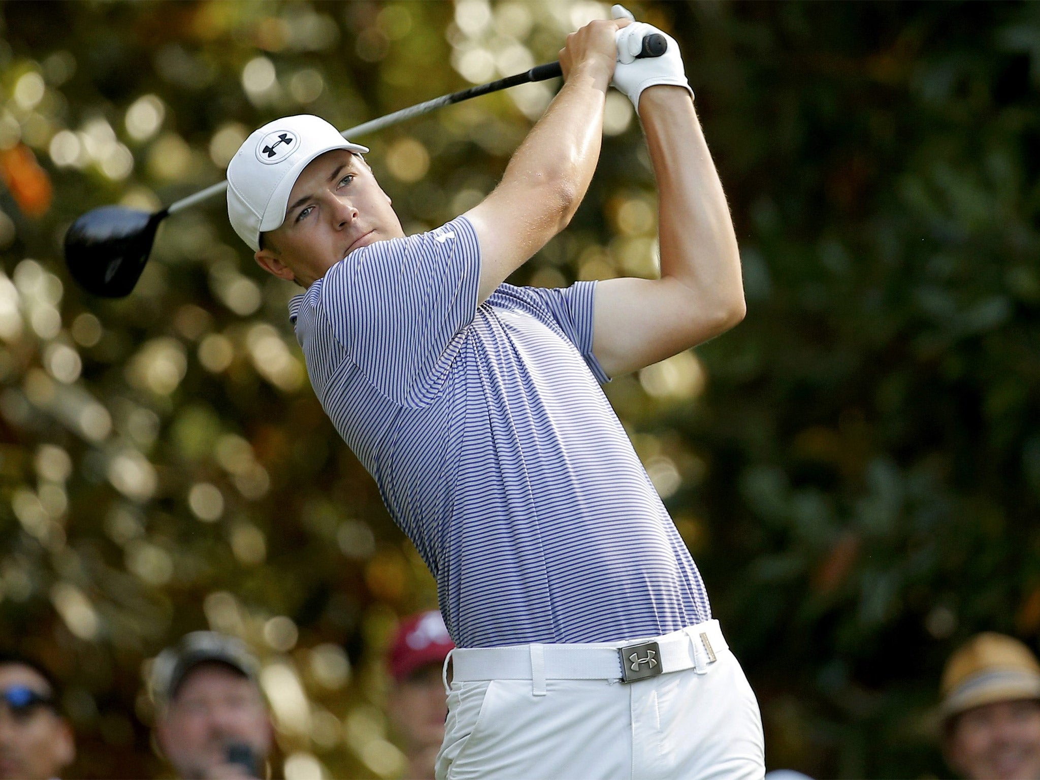 Jordan Spieth tees off during practice at Augusta