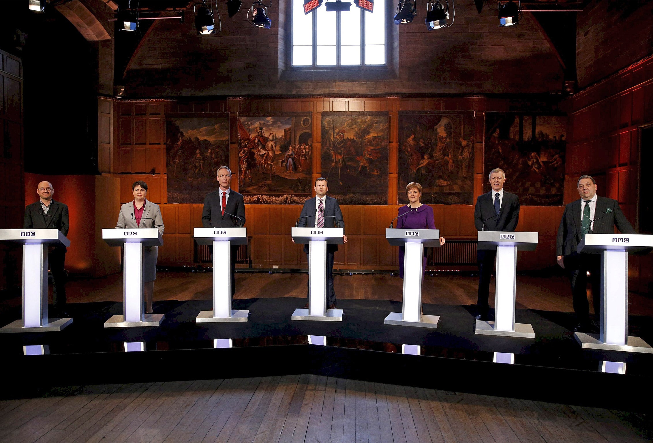 Patrick Harvie (Green), Ruth Davidson (Conservative), Jim Murphy (Scottish Labour), BBC's James Cook, Nicola Sturgeon (SNP), Willie Rennie (Lib Dem) and David Coburn (UKIP) took part in the BBC Scotland leaders' debate in Aberdeen