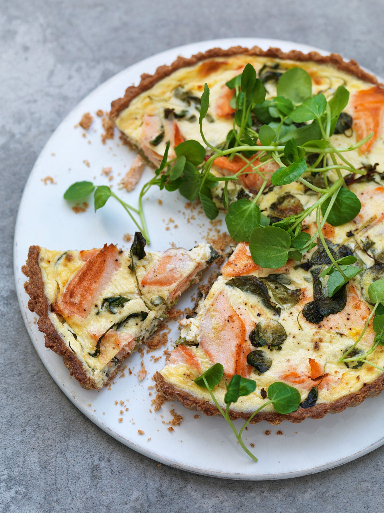 Hot smoked salmon and watercress tart