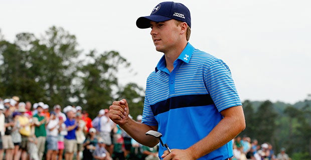 Jordan Spieth celebrates his brilliant opening round at The Masters