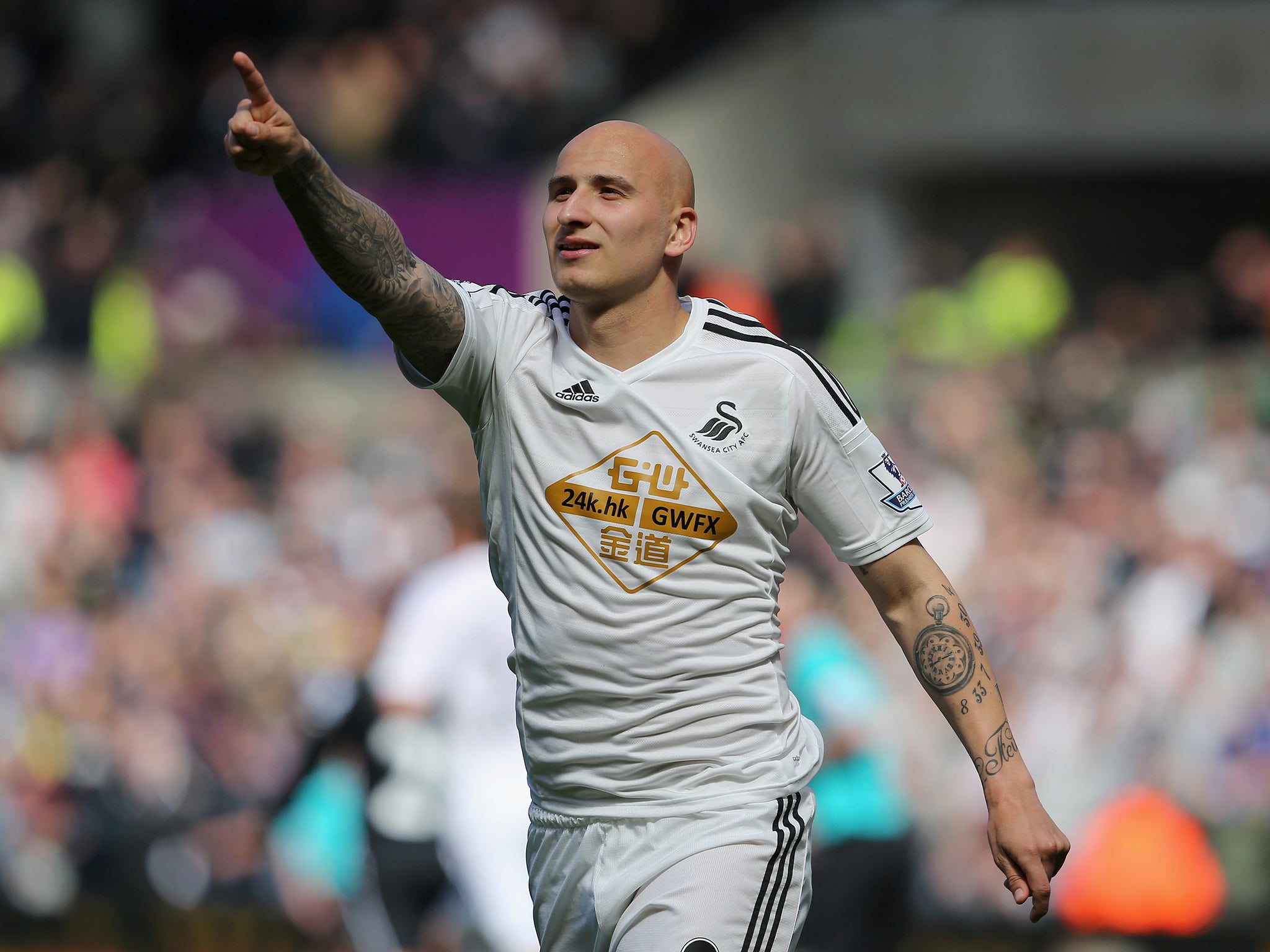 Shelvey celebrates his penalty - Seamus Coleman handled to give Swansea a way back into the game