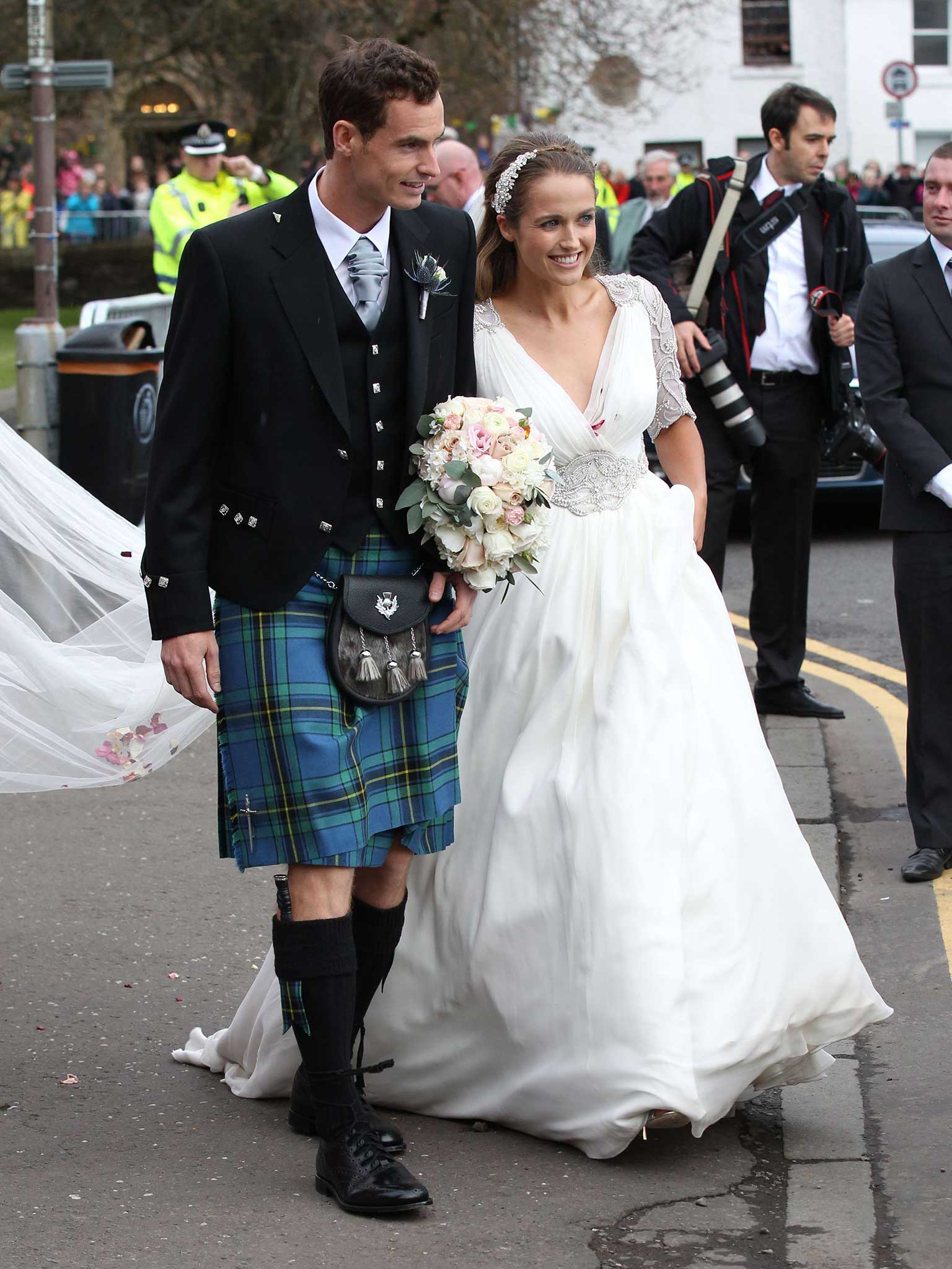 The bespoke silk chiffon design featured a full skirt with hand-beaded Swarovski crystal sleeve