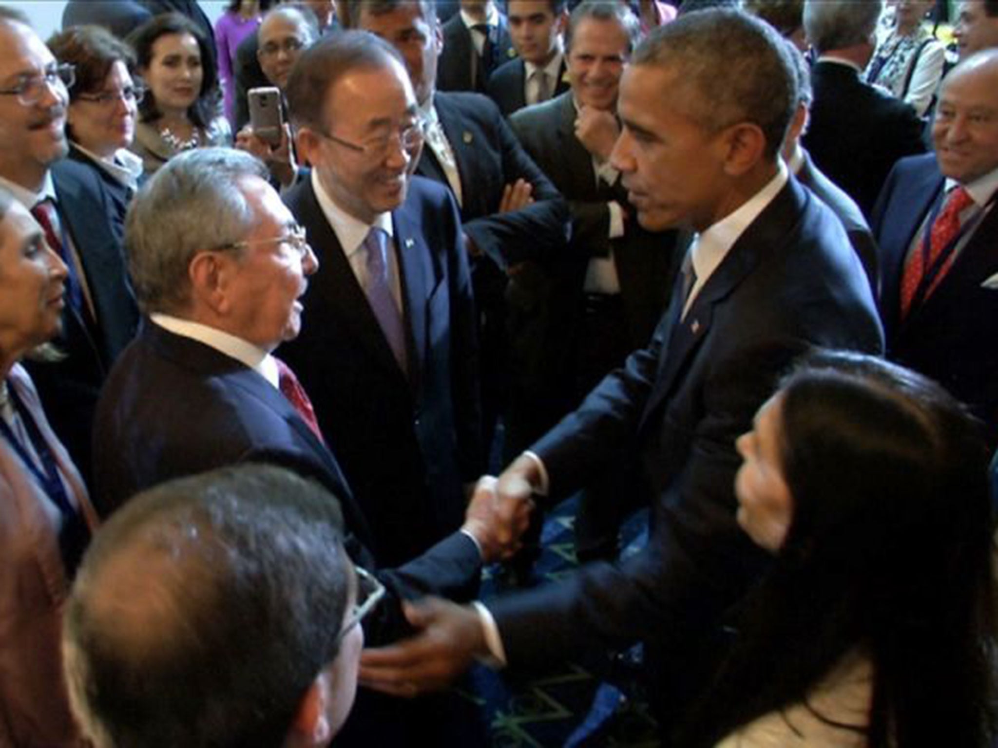 Raul Castro and Barack Obama greet each other at Friday’s summit